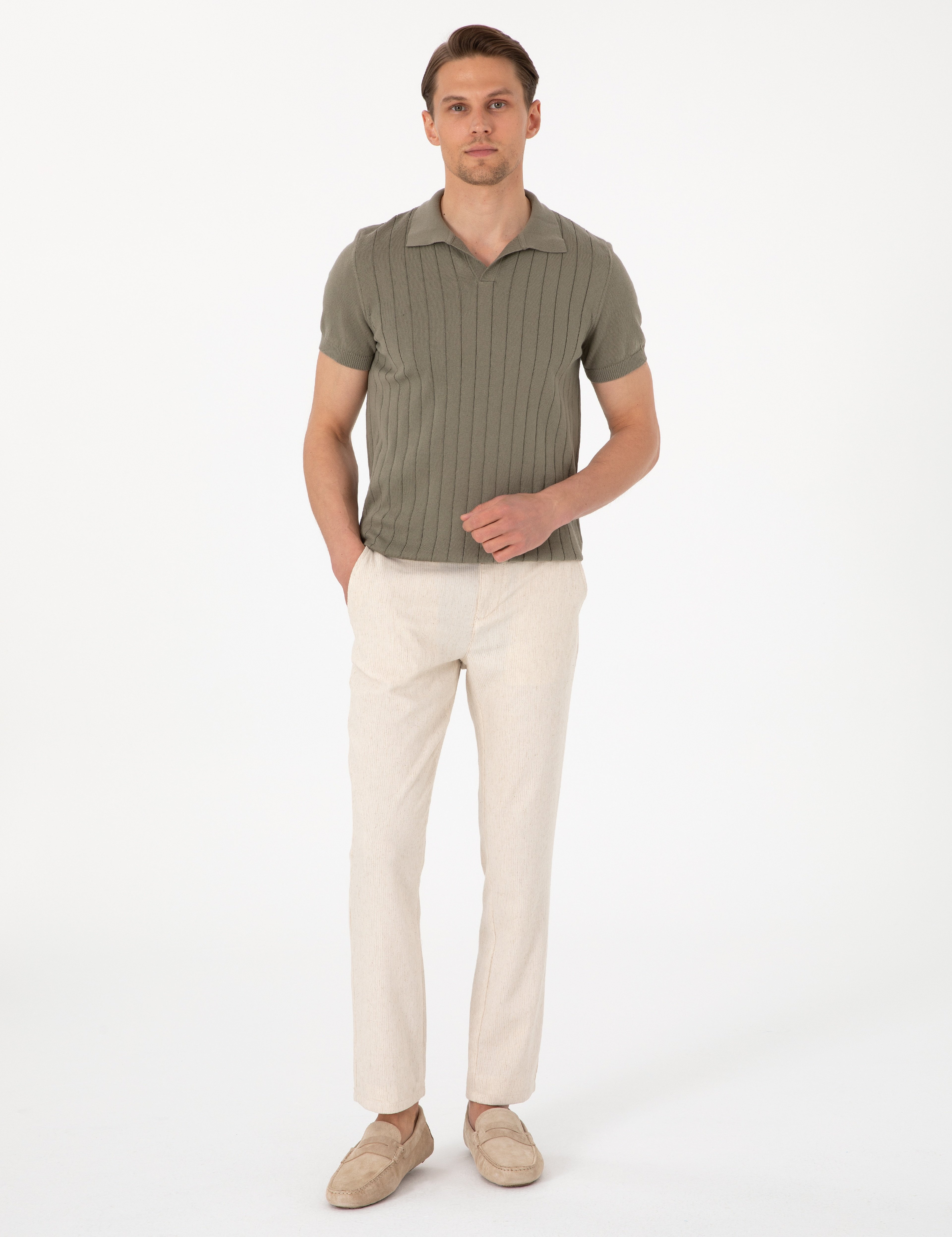 Haki Slim Fit %100 Pamuk Polo Yaka Triko Tişört - Image 4