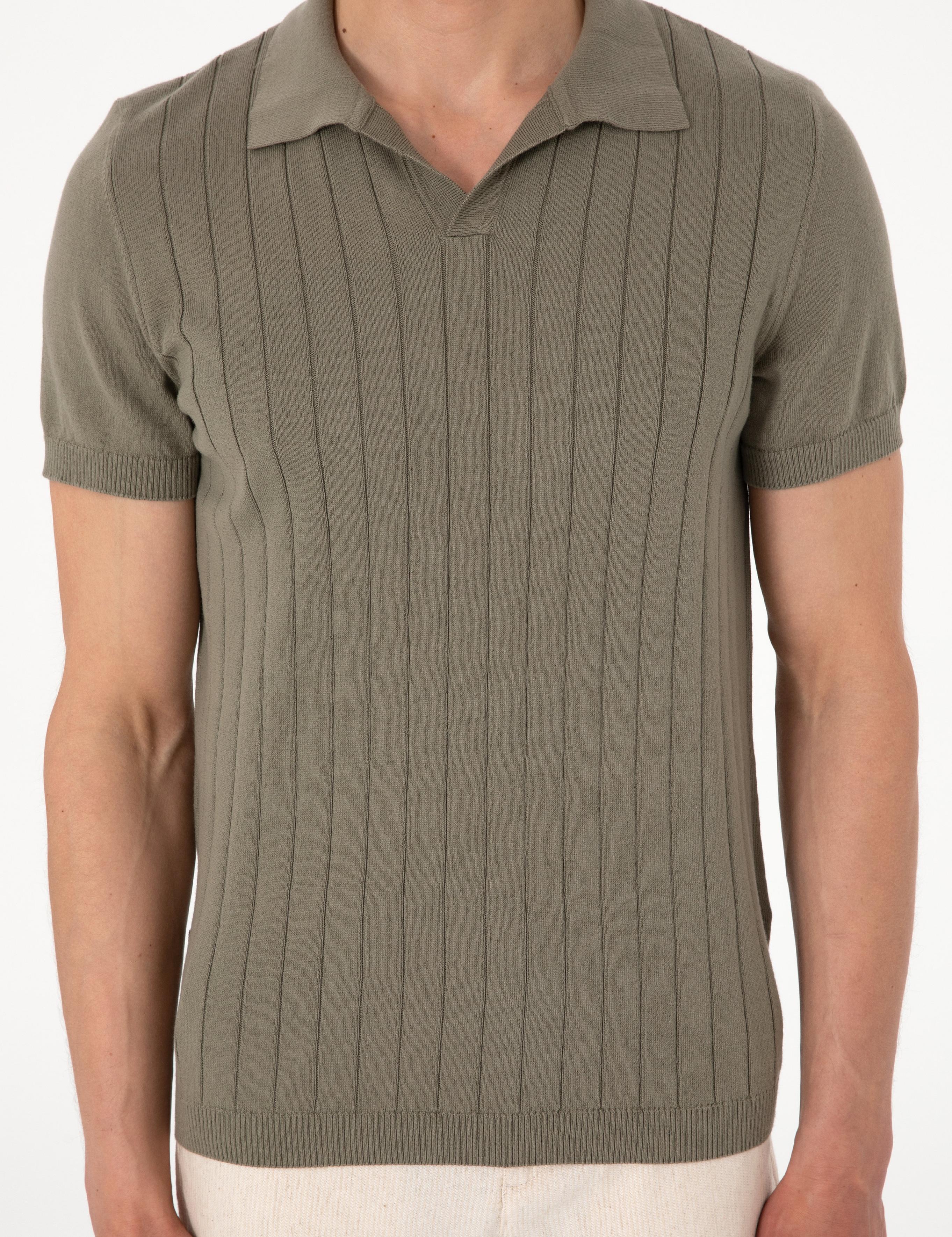 Haki Slim Fit  %100 Pamuk Polo Yaka Triko Tişört