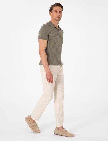 Bej Slim Fit Keten Karışımlı Çizgili Kanvas Pantolon