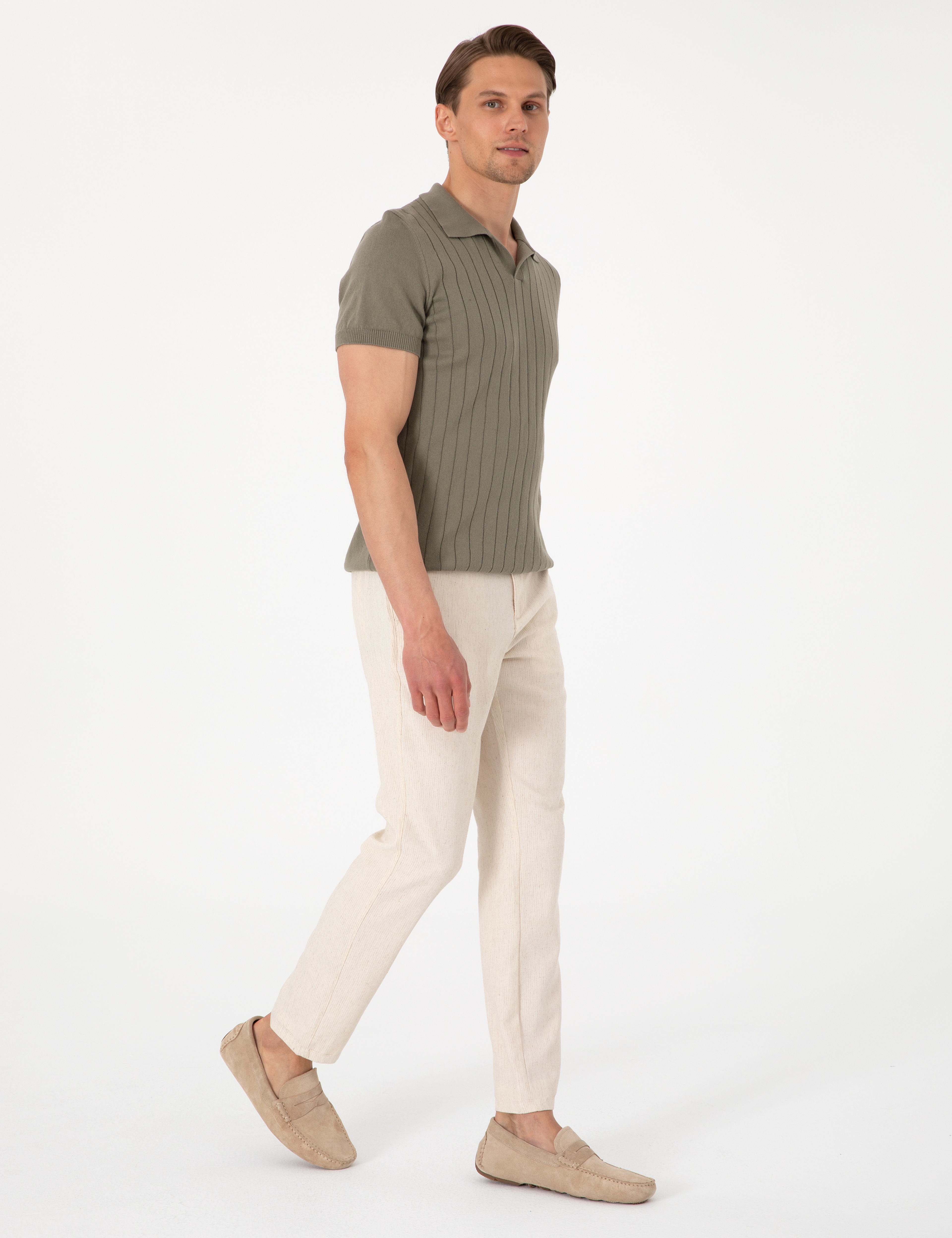 Bej Slim Fit Keten Karışımlı Çizgili Kanvas Pantolon - Image 3