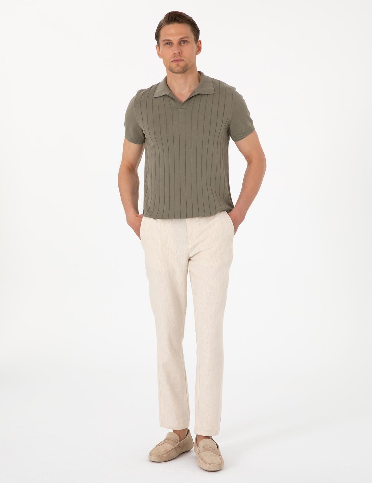 Bej Slim Fit Keten Karışımlı Çizgili Kanvas Pantolon