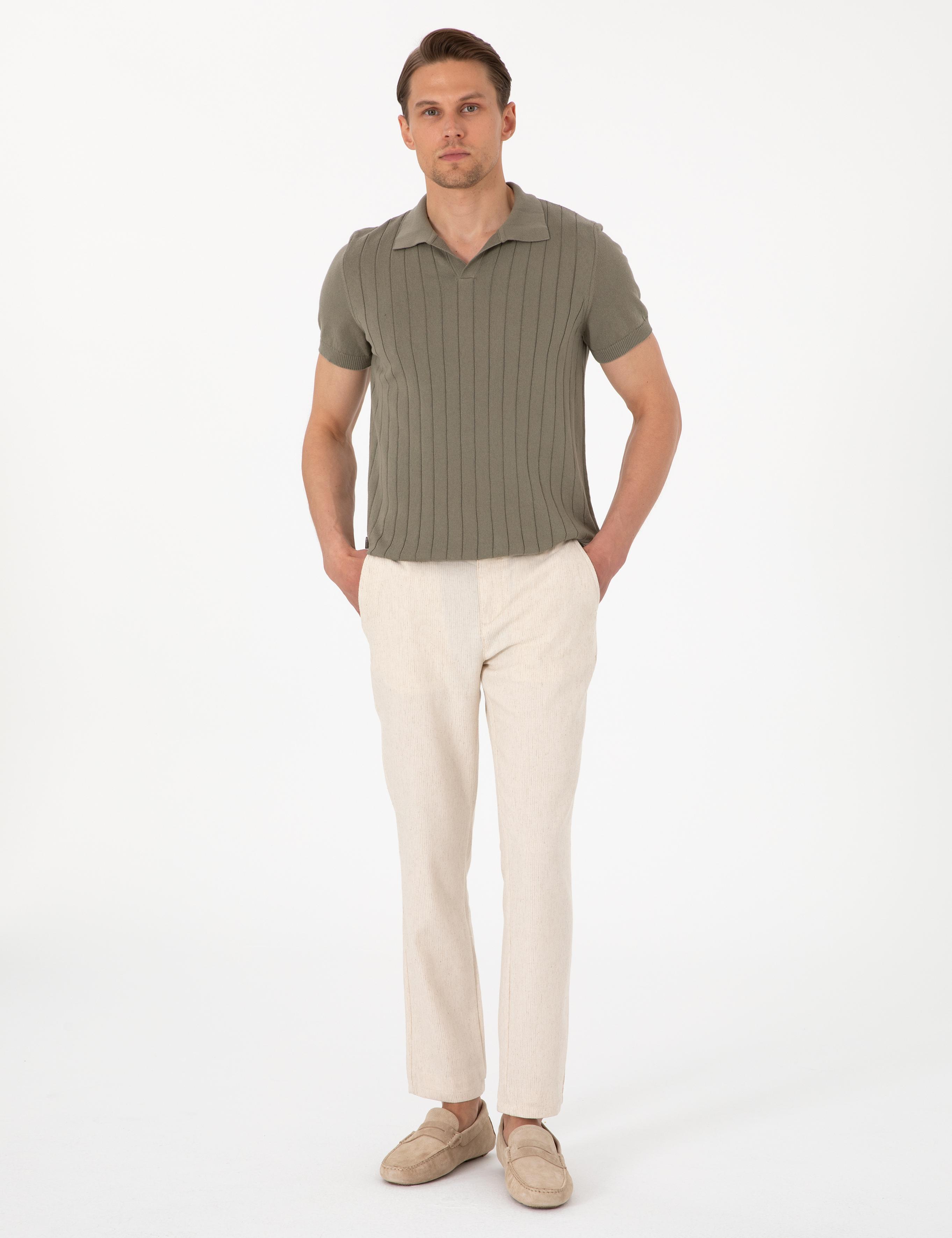 Bej Slim Fit Keten Karışımlı Çizgili Kanvas Pantolon