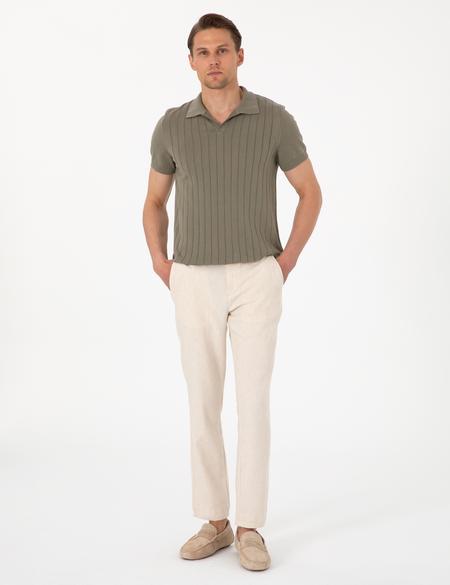Bej Slim Fit Keten Karışımlı Çizgili Kanvas Pantolon - 50301754076