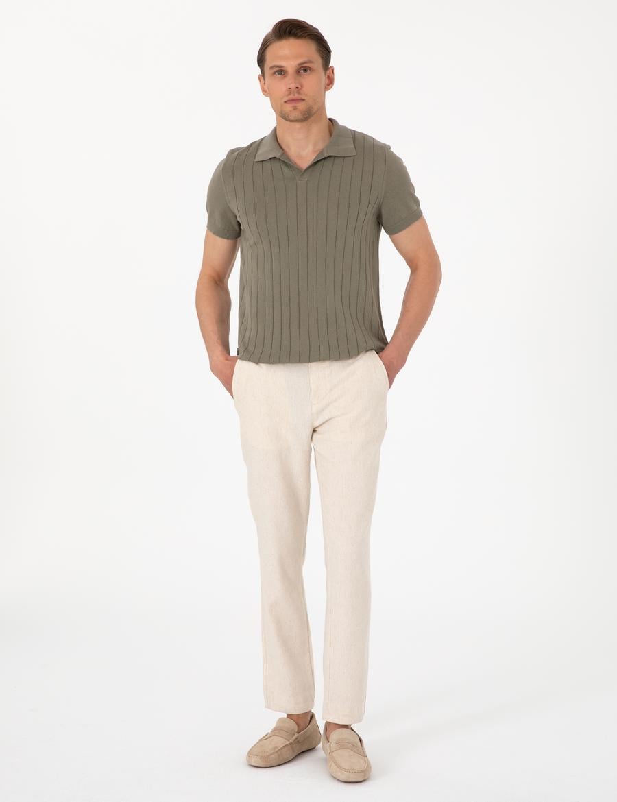 Bej Slim Fit Keten Karışımlı Çizgili Kanvas Pantolon