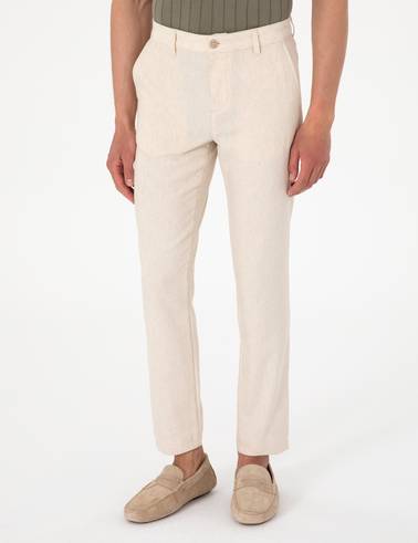 Bej Slim Fit Keten Karışımlı Çizgili Kanvas Pantolon