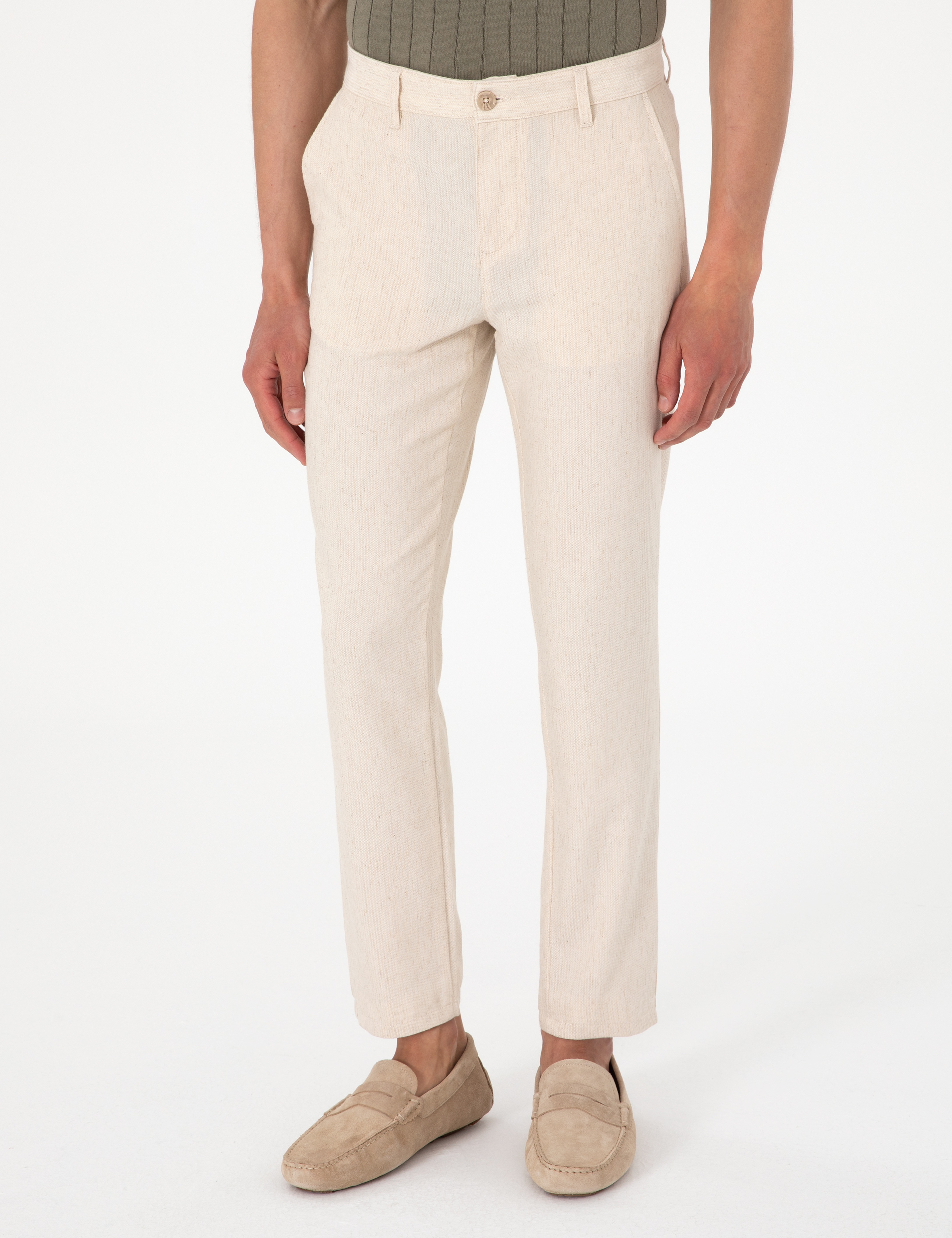 Bej Slim Fit Keten Karışımlı Çizgili Kanvas Pantolon - Image 2