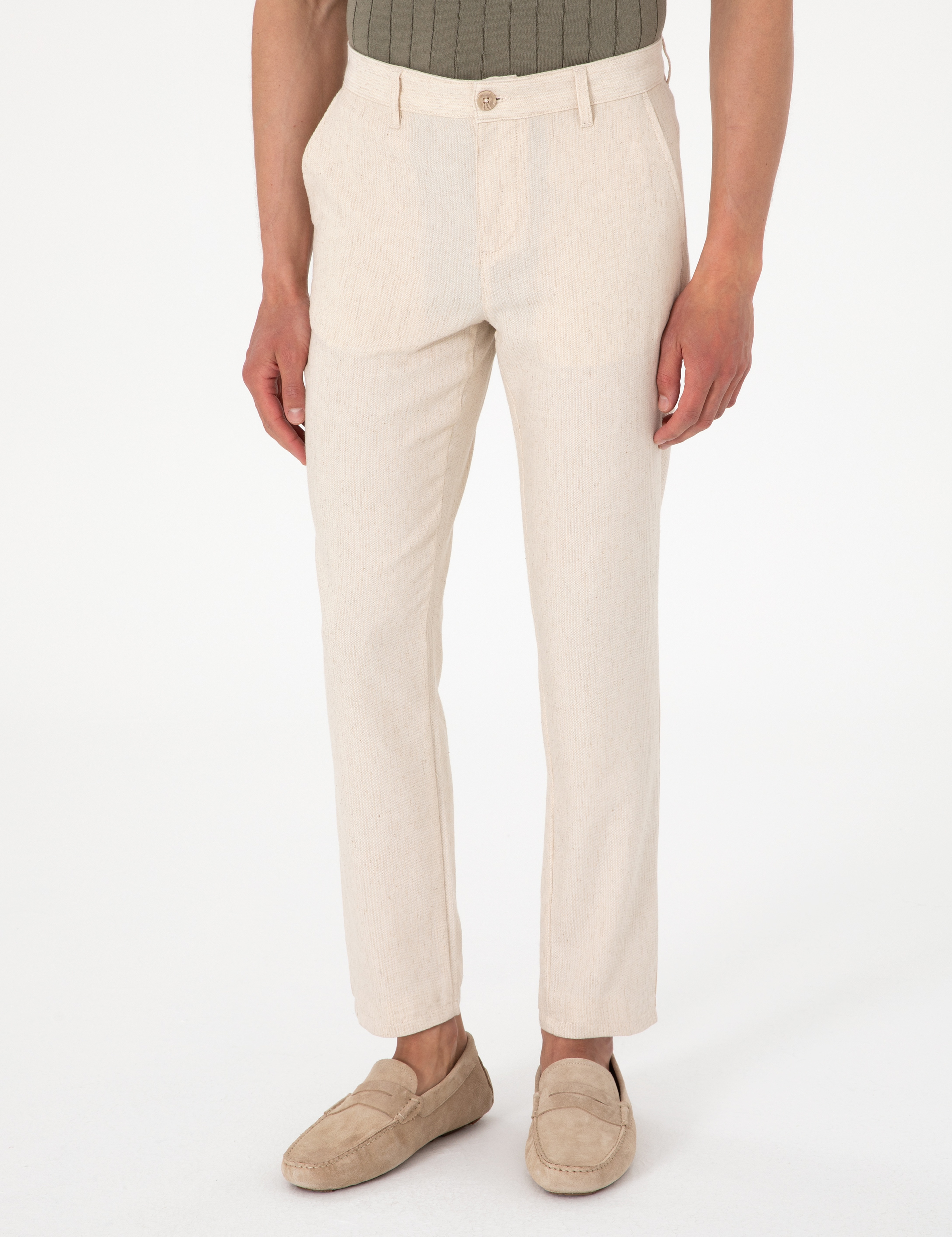 Bej Slim Fit Keten Karışımlı Çizgili Kanvas Pantolon