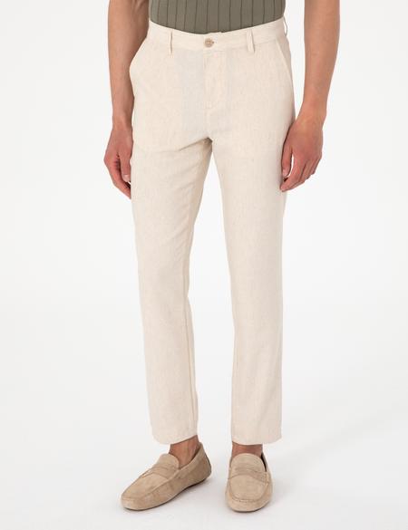 Bej Slim Fit Keten Karışımlı Çizgili Kanvas Pantolon - 50301754076