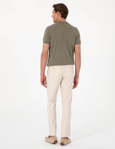 Bej Slim Fit Keten Karışımlı Çizgili Kanvas Pantolon
