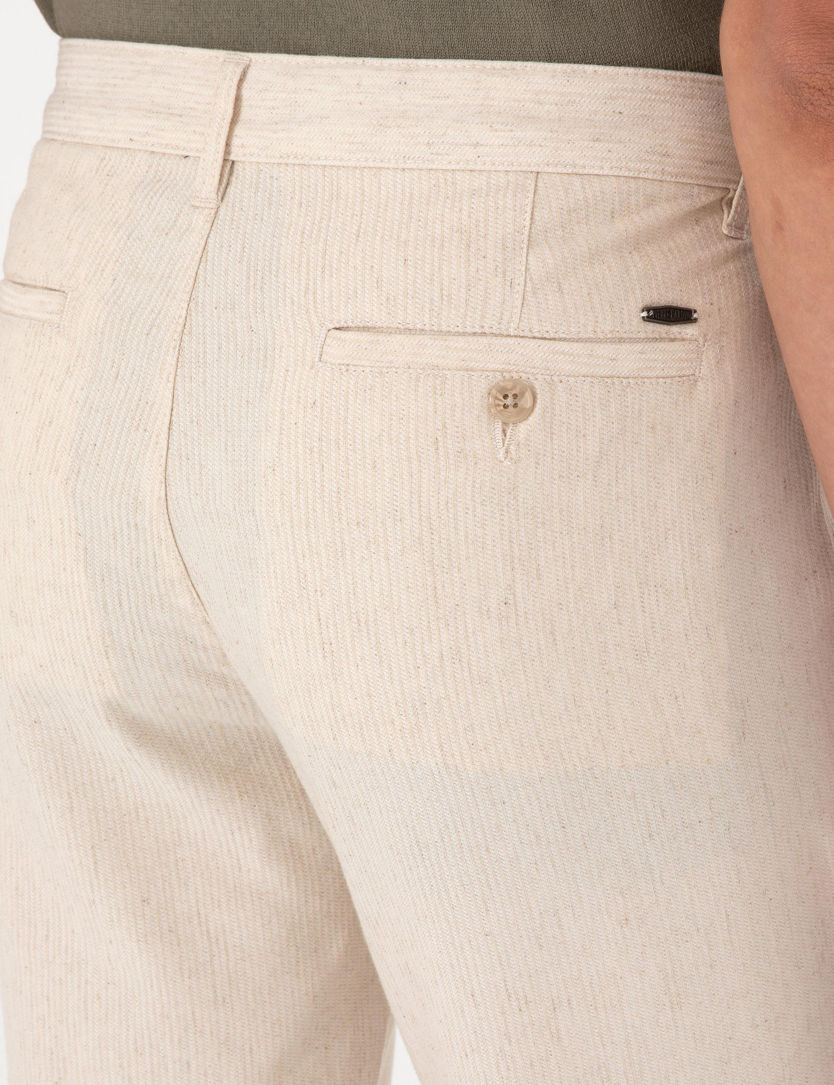 Bej Slim Fit Keten Karışımlı Çizgili Kanvas Pantolon