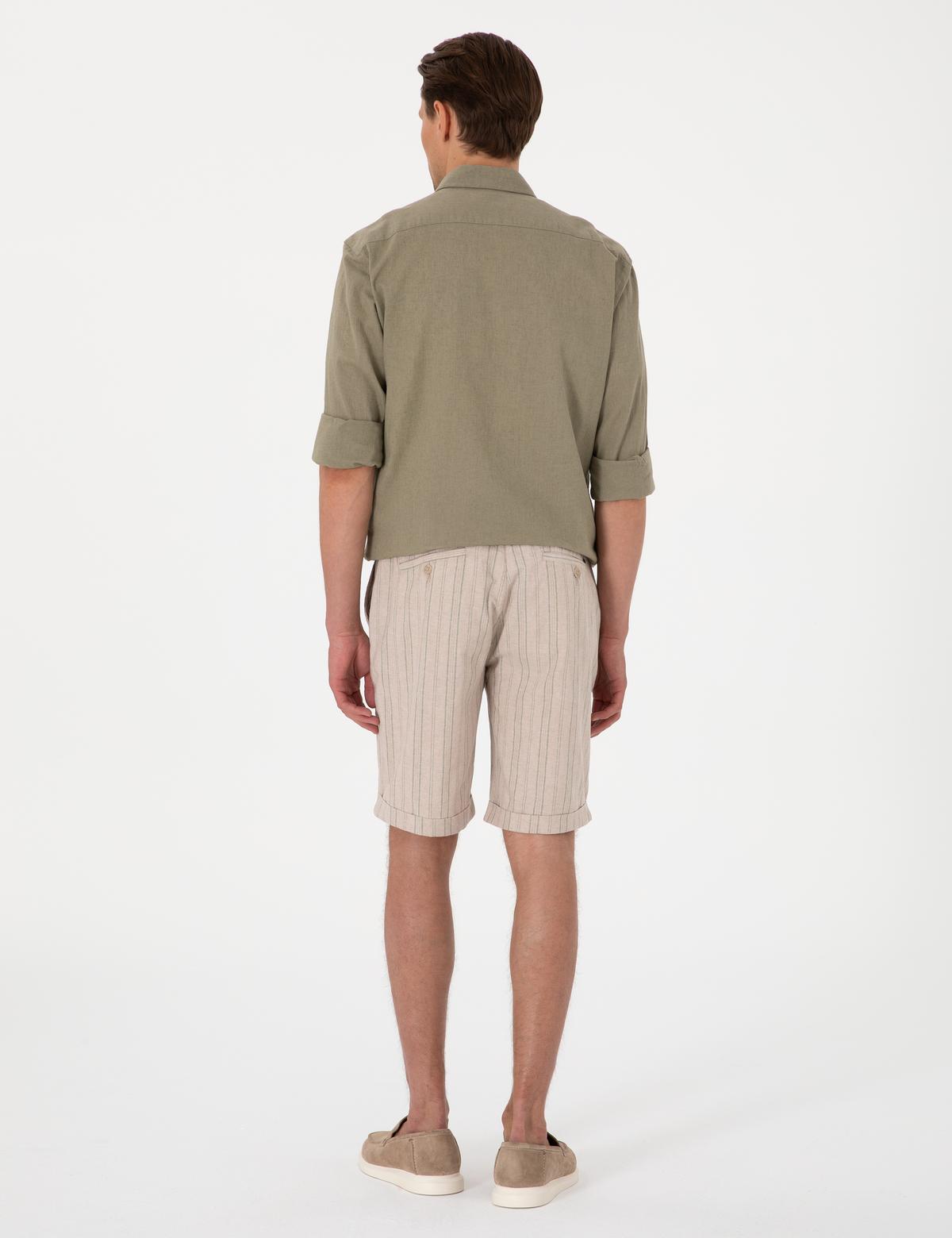 Haki Slim Fit Keten Karışımlı Çizgili Dokuma Şort - 50301806025