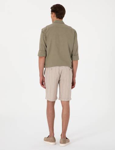Haki Slim Fit Keten Karışımlı Çizgili Dokuma Şort