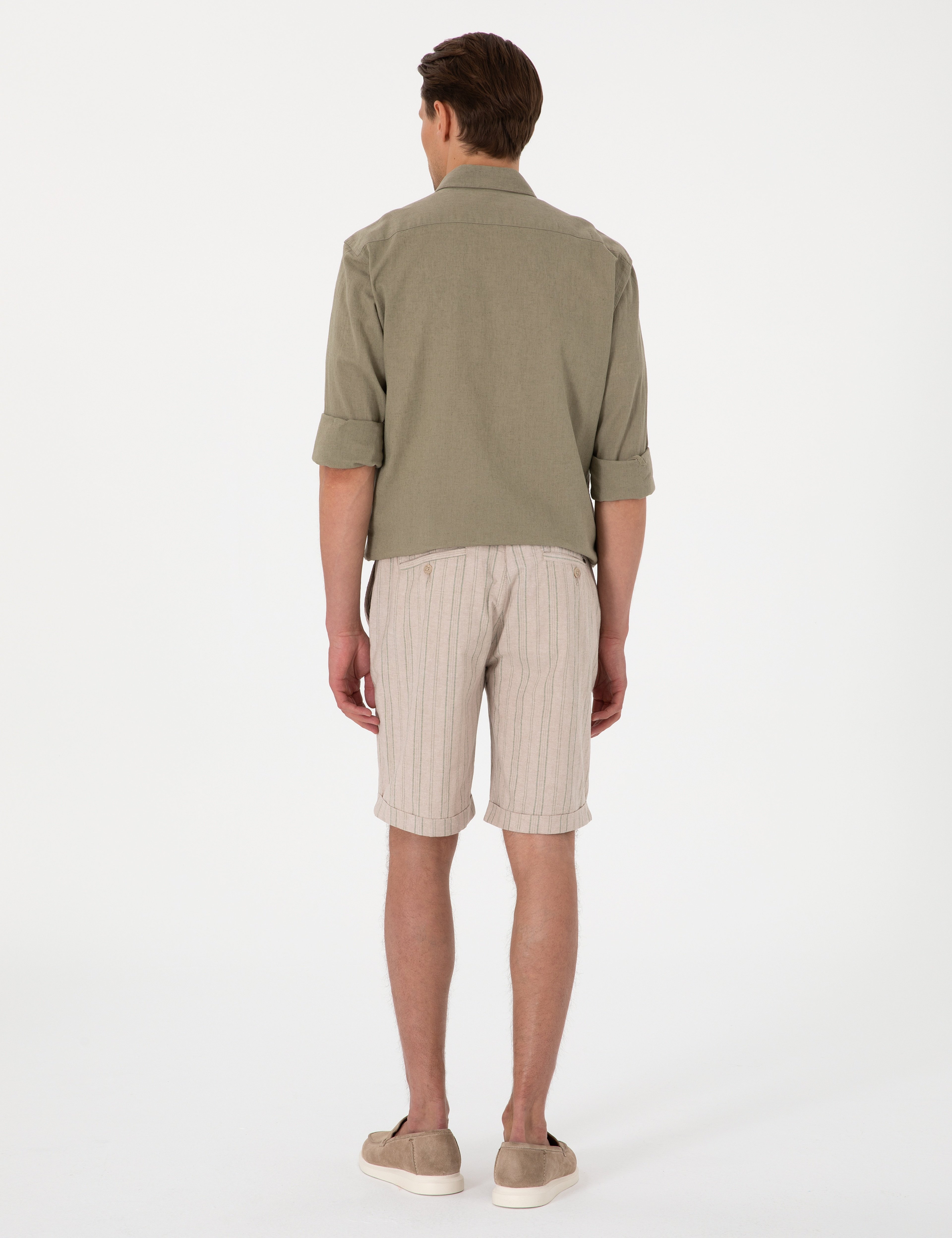Haki Slim Fit Keten Karışımlı Çizgili Dokuma Şort