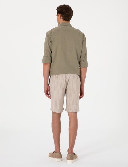 Haki Slim Fit Keten Karışımlı Çizgili Dokuma Şort - 50301806025