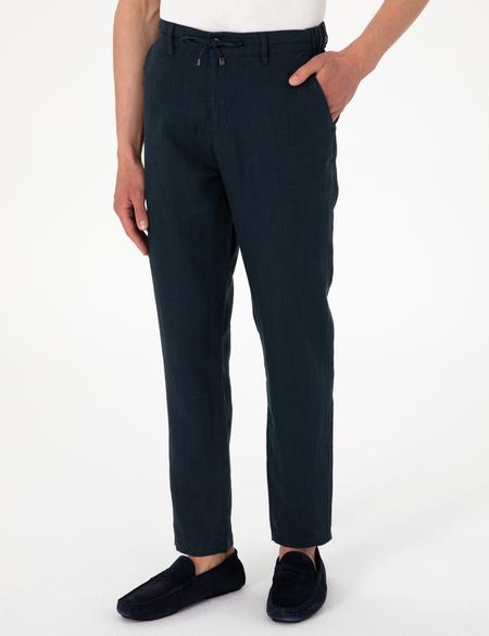 Lacivert Carrot Fit %100 Keten Beli Lastikli İpli Kanvas Pantolon - 50301811276