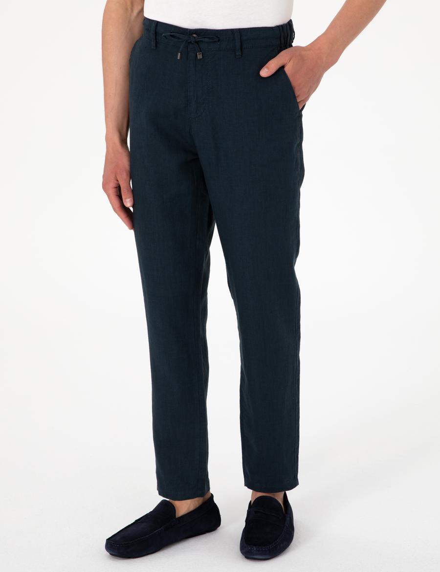 Lacivert Carrot Fit %100 Keten Beli Lastikli İpli Kanvas Pantolon