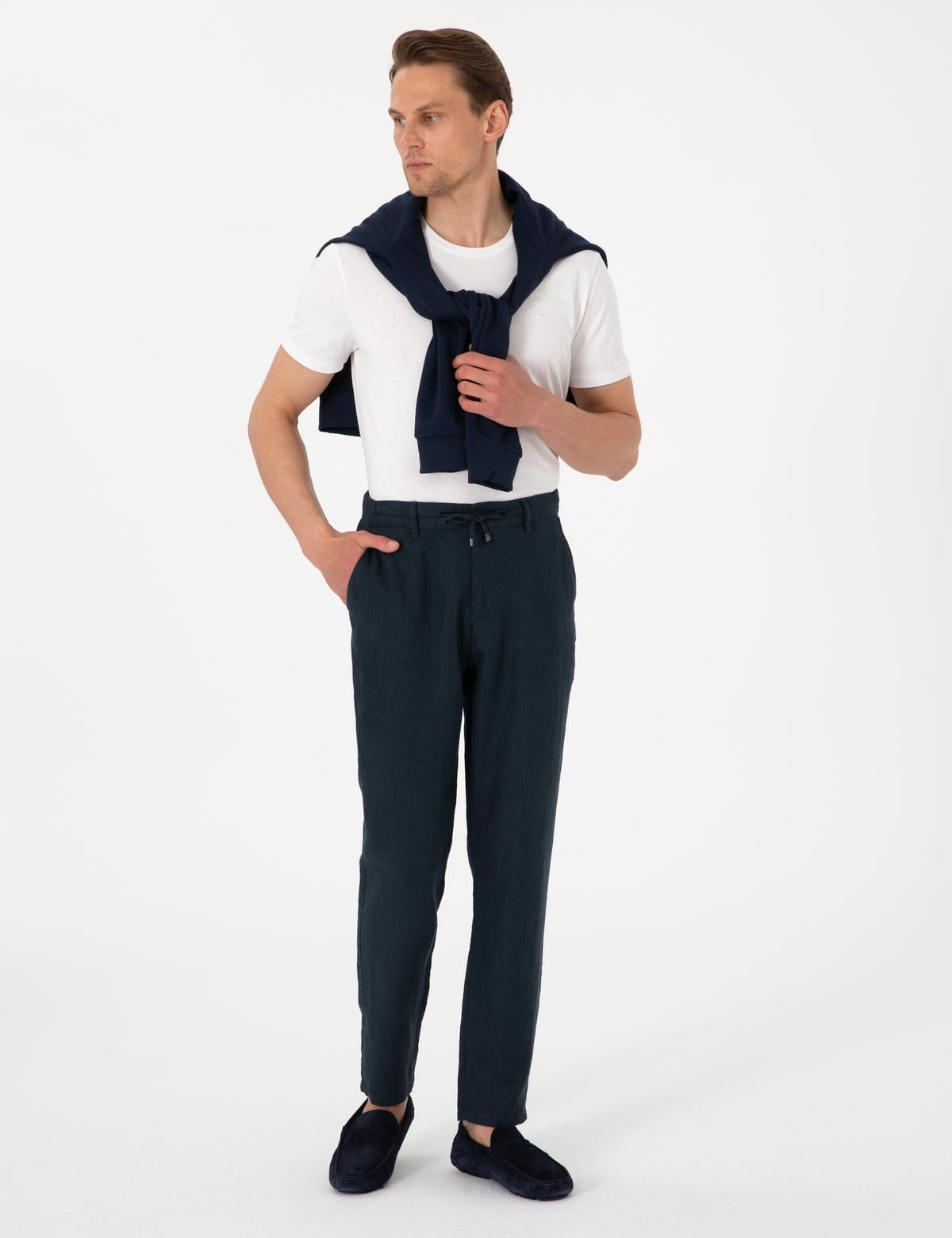 Lacivert Carrot Fit %100 Keten Beli Lastikli İpli Kanvas Pantolon