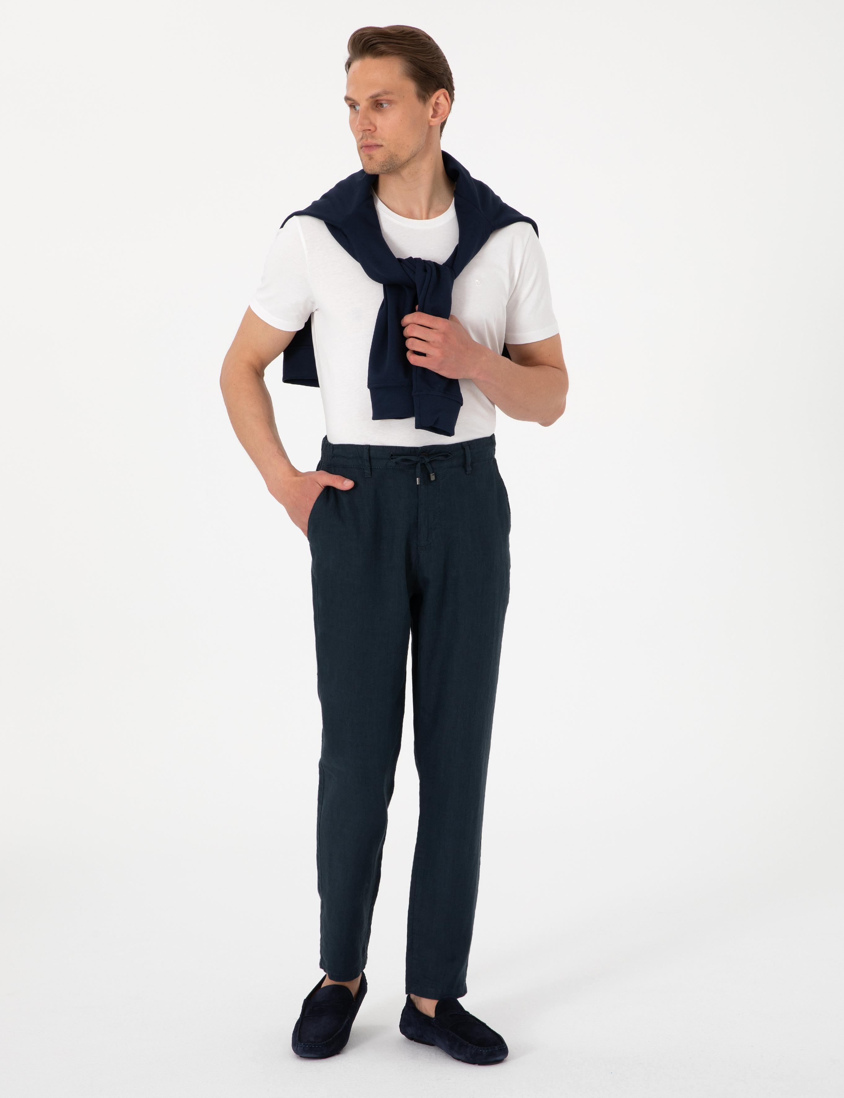 Lacivert Carrot Fit %100 Keten Beli Lastikli İpli Kanvas Pantolon