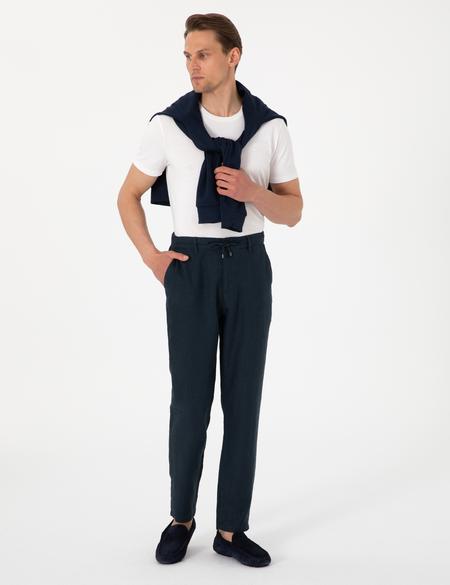 Lacivert Carrot Fit %100 Keten Beli Lastikli İpli Kanvas Pantolon - 50301811276