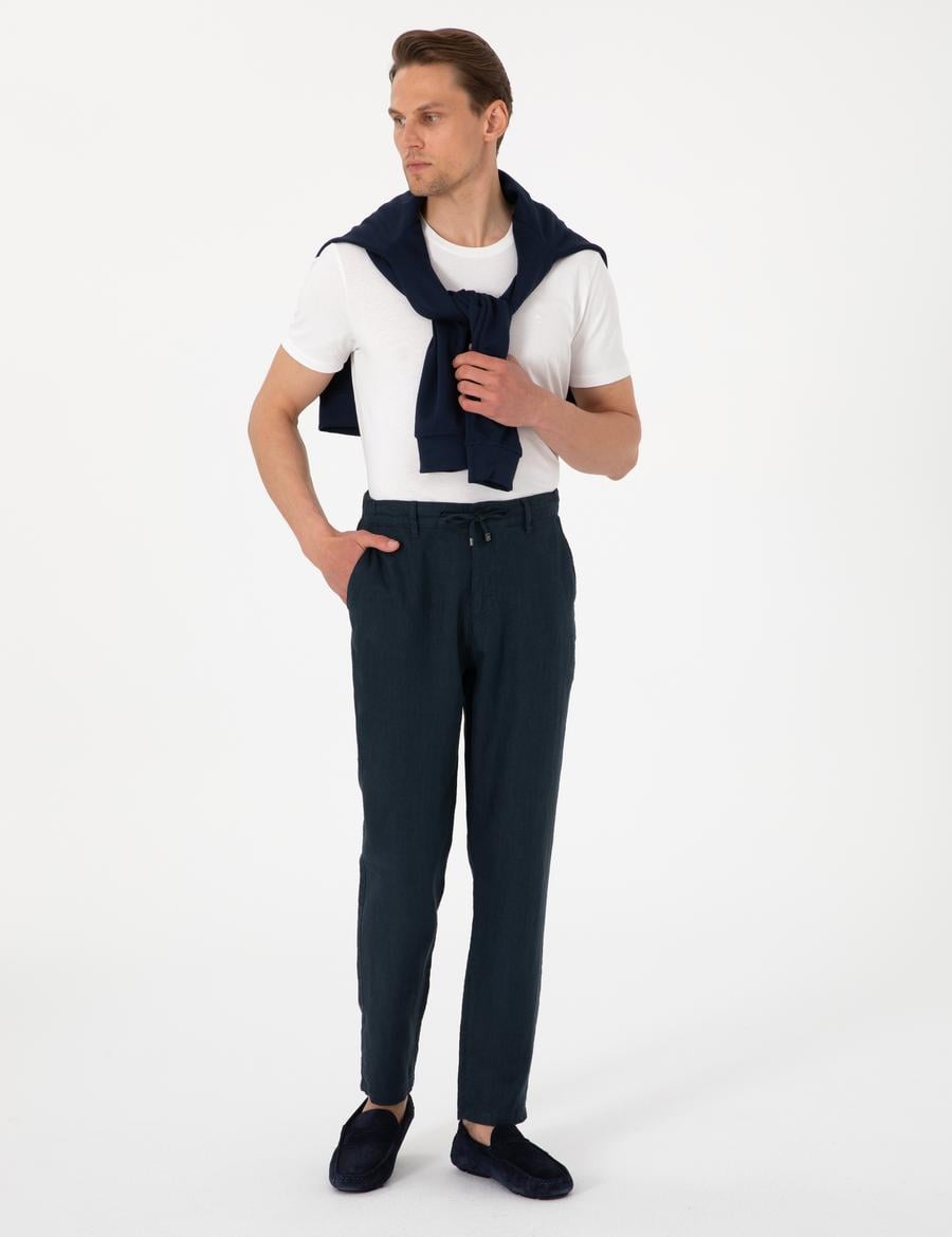 Lacivert Carrot Fit %100 Keten Beli Lastikli İpli Kanvas Pantolon