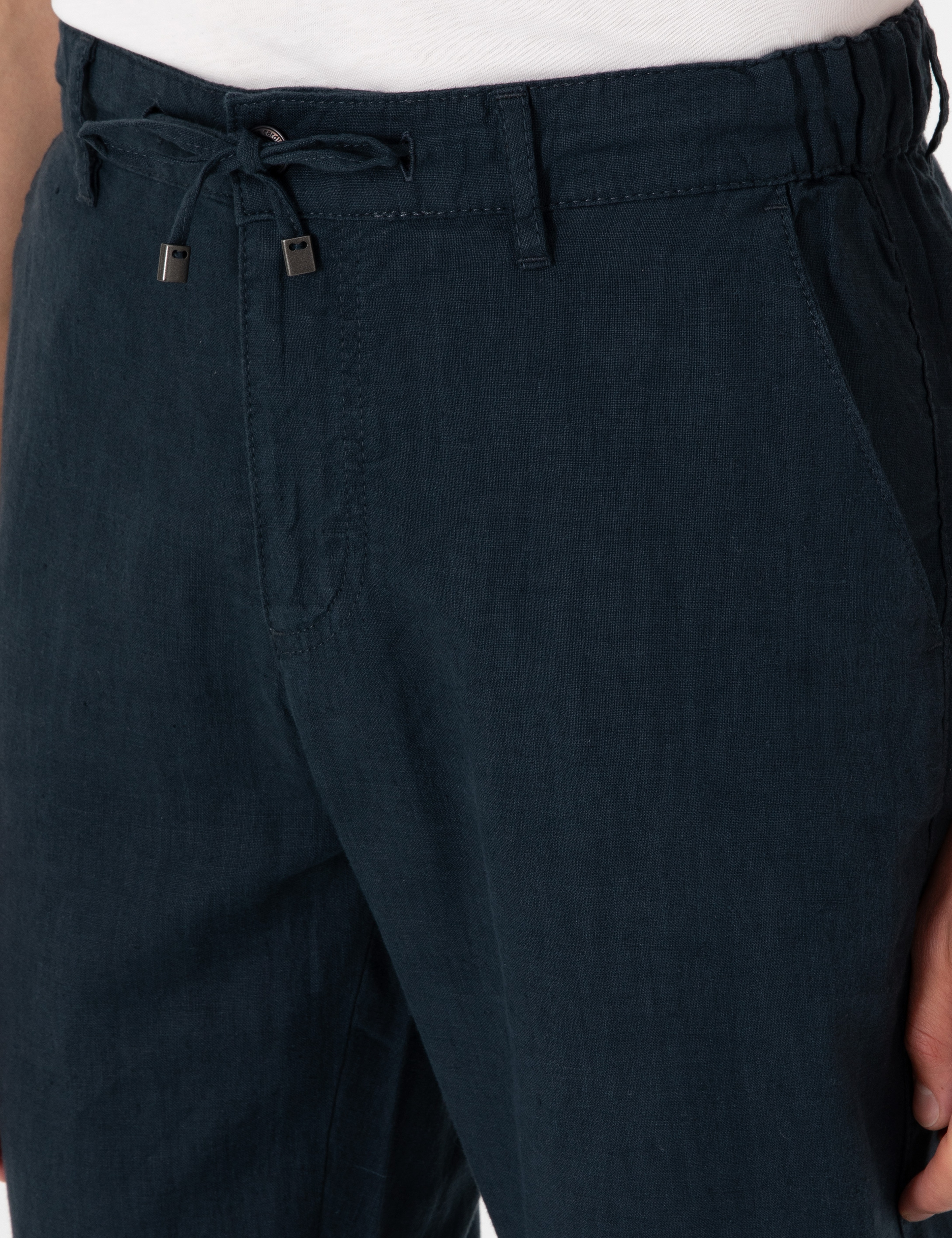 Lacivert Carrot Fit %100 Keten Beli Lastikli İpli Kanvas Pantolon - Image 5