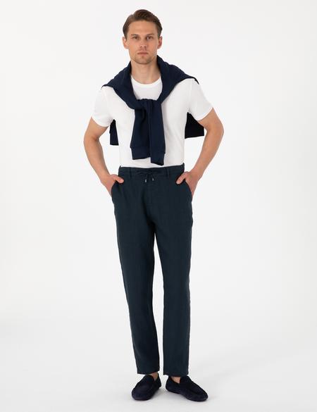 Lacivert Carrot Fit %100 Keten Beli Lastikli İpli Kanvas Pantolon - 50301811276