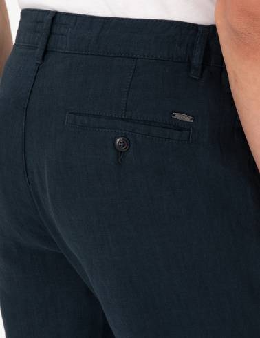 Lacivert Carrot Fit %100 Keten Beli Lastikli İpli Kanvas Pantolon