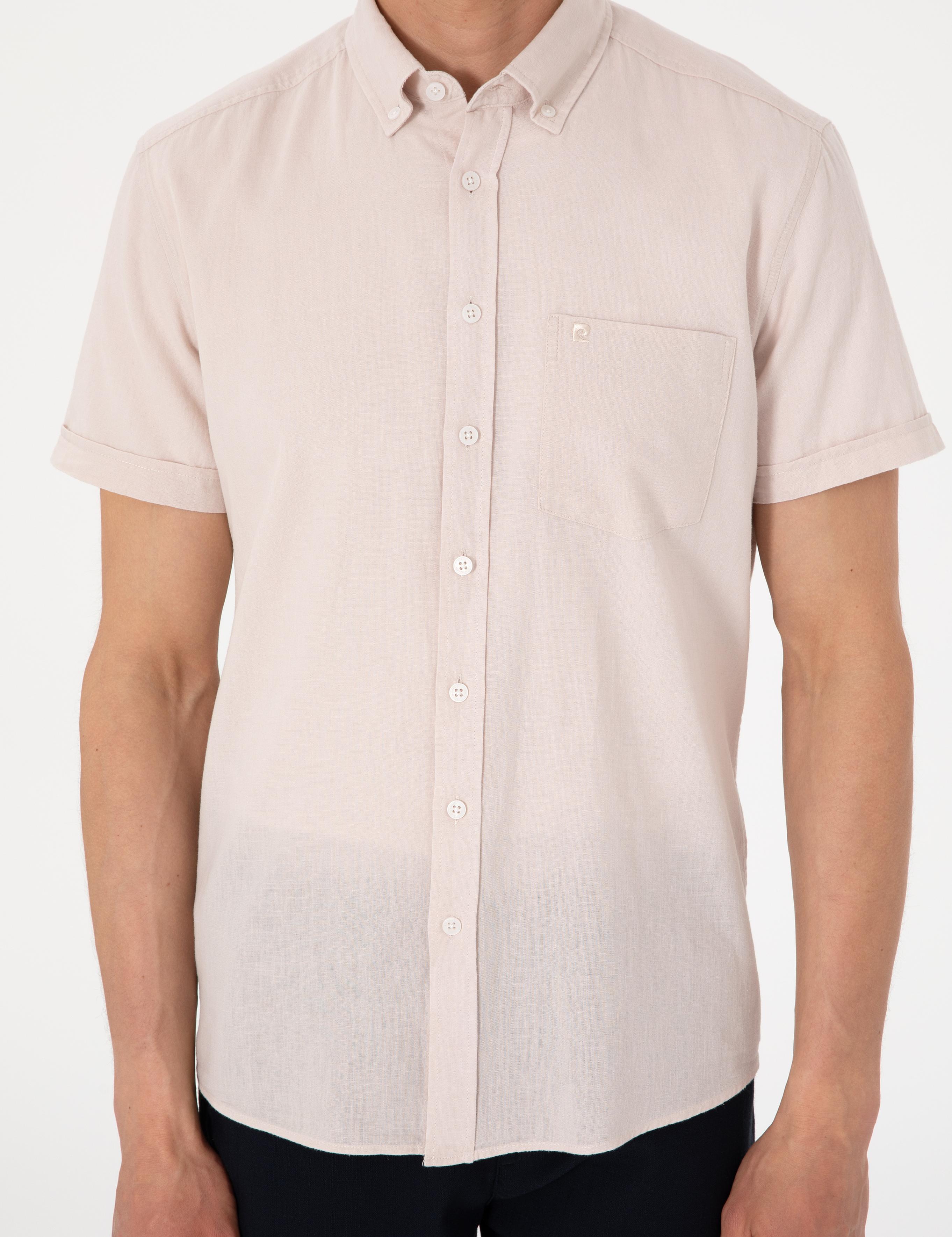 Bej Keten Karışımlı Regular Fit Kısa Kollu Gömlek