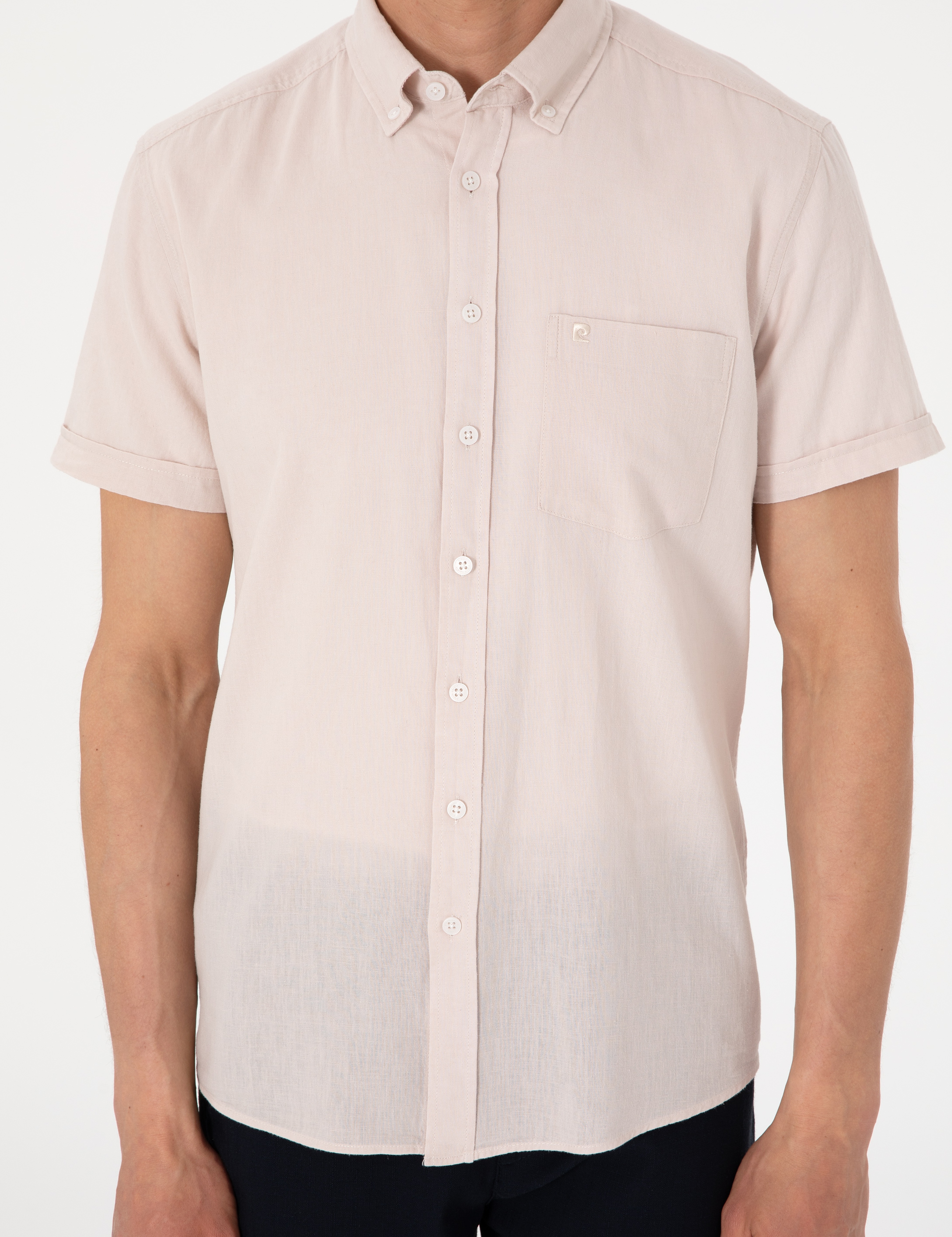 Bej Keten Karışımlı Regular Fit Kısa Kollu Gömlek - Image 6