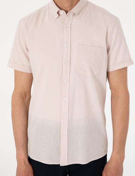 Bej Keten Karışımlı Regular Fit Kısa Kollu Gömlek - 50303418053