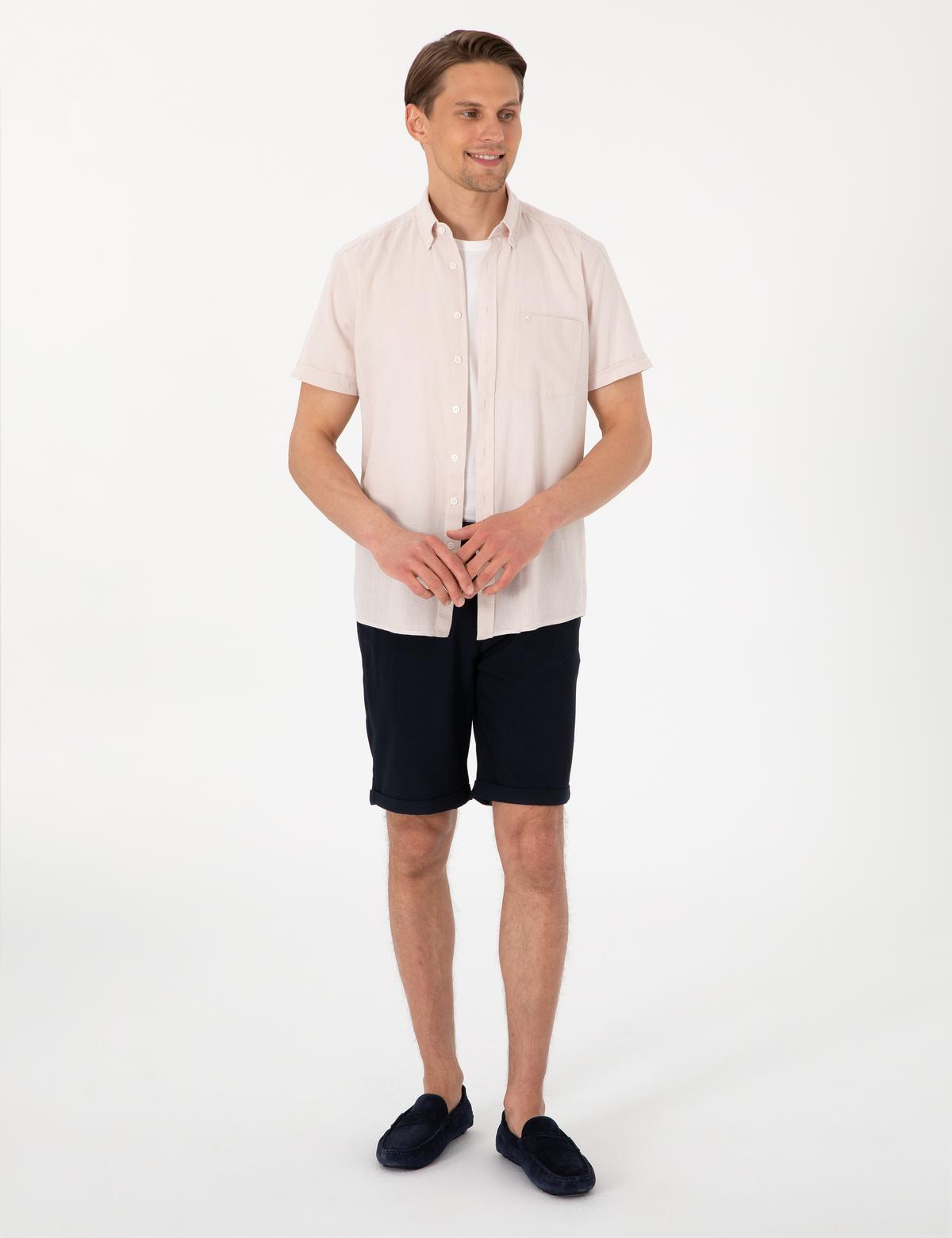 Bej Keten Karışımlı Regular Fit Kısa Kollu Gömlek - 50303418053