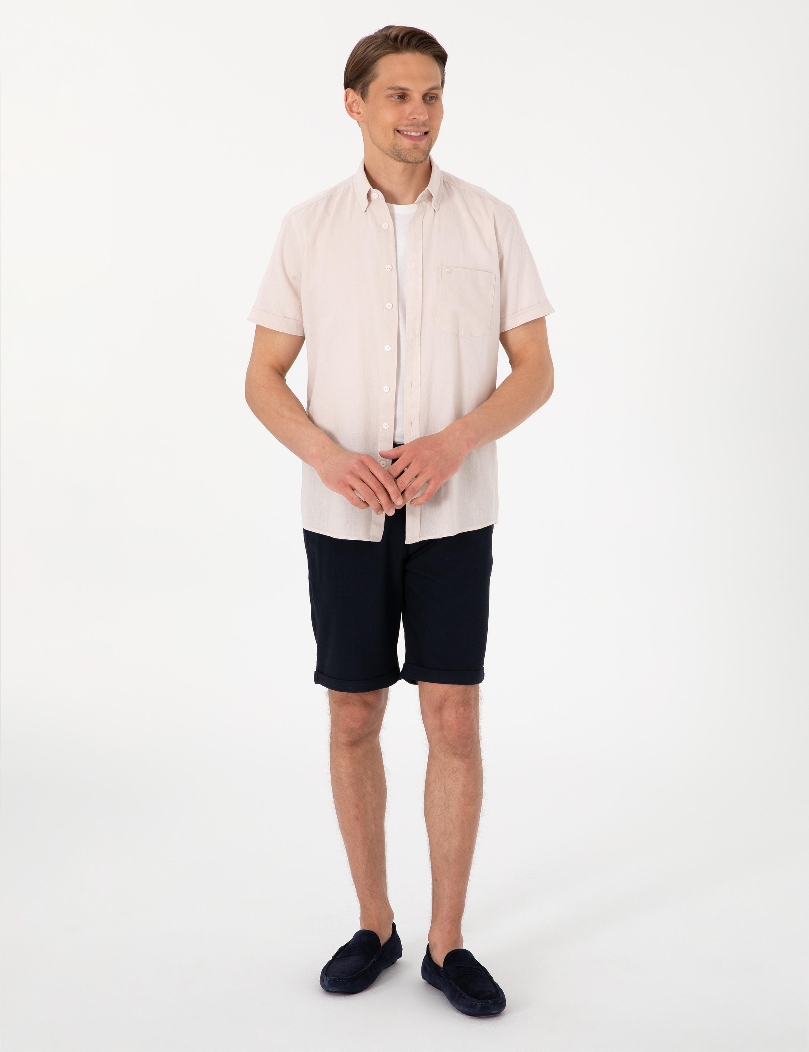 Bej Keten Karışımlı Regular Fit Kısa Kollu Gömlek