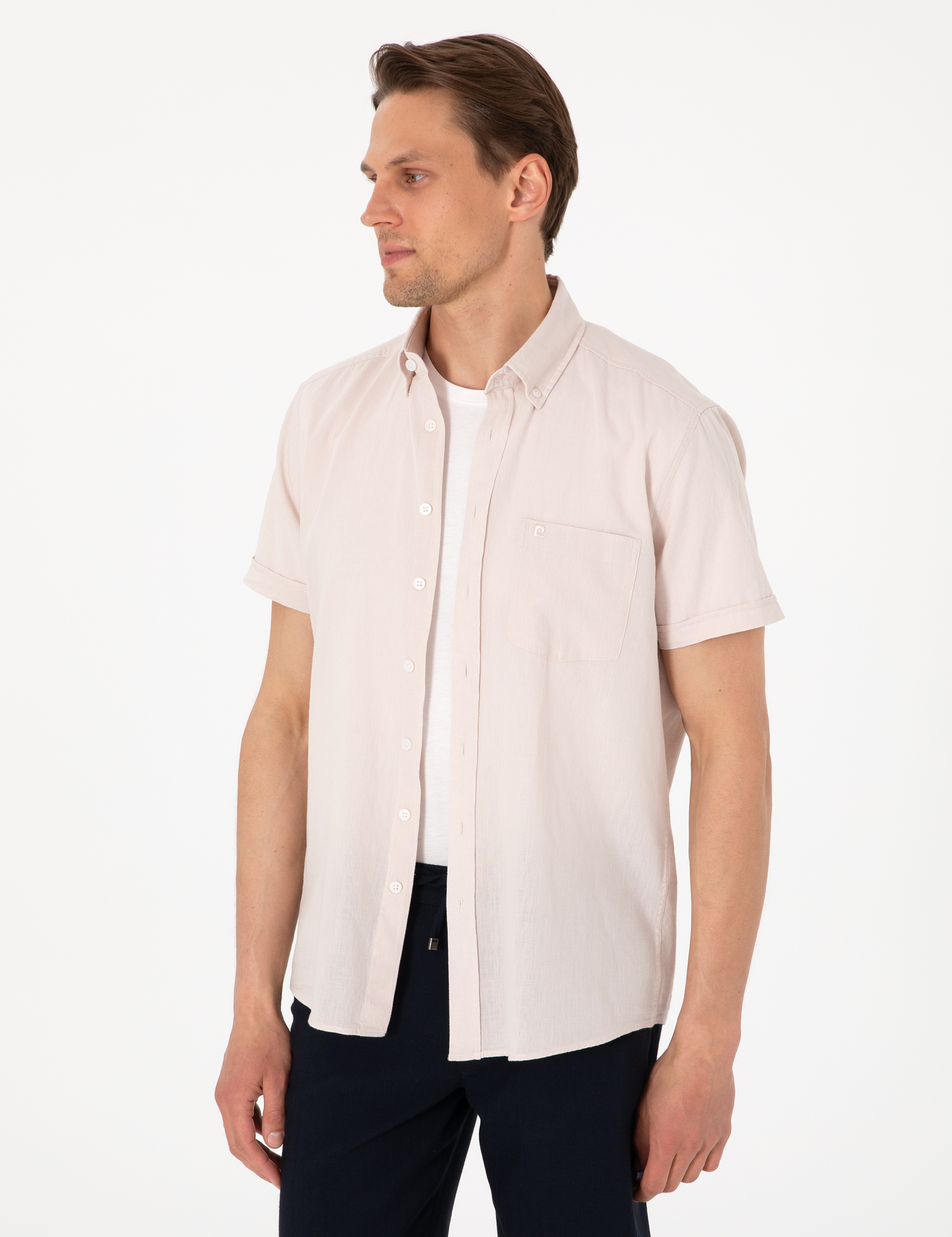 Bej Keten Karışımlı Regular Fit Kısa Kollu Gömlek - Image 3