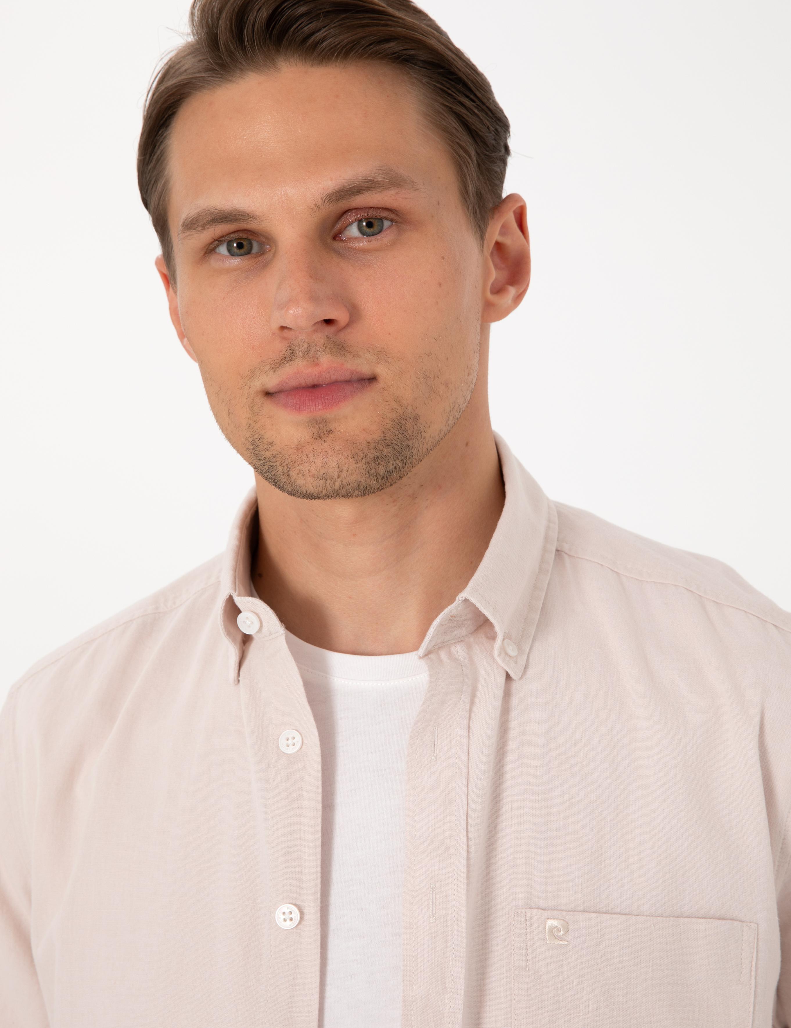 Bej Keten Karışımlı Regular Fit Kısa Kollu Gömlek