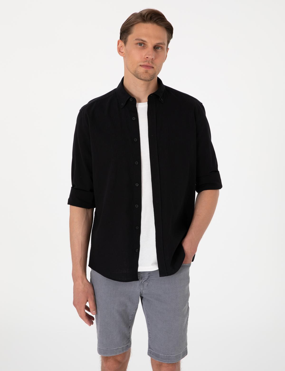 Siyah Keten Karışımlı Regular Fit Uzun Kollu Gömlek