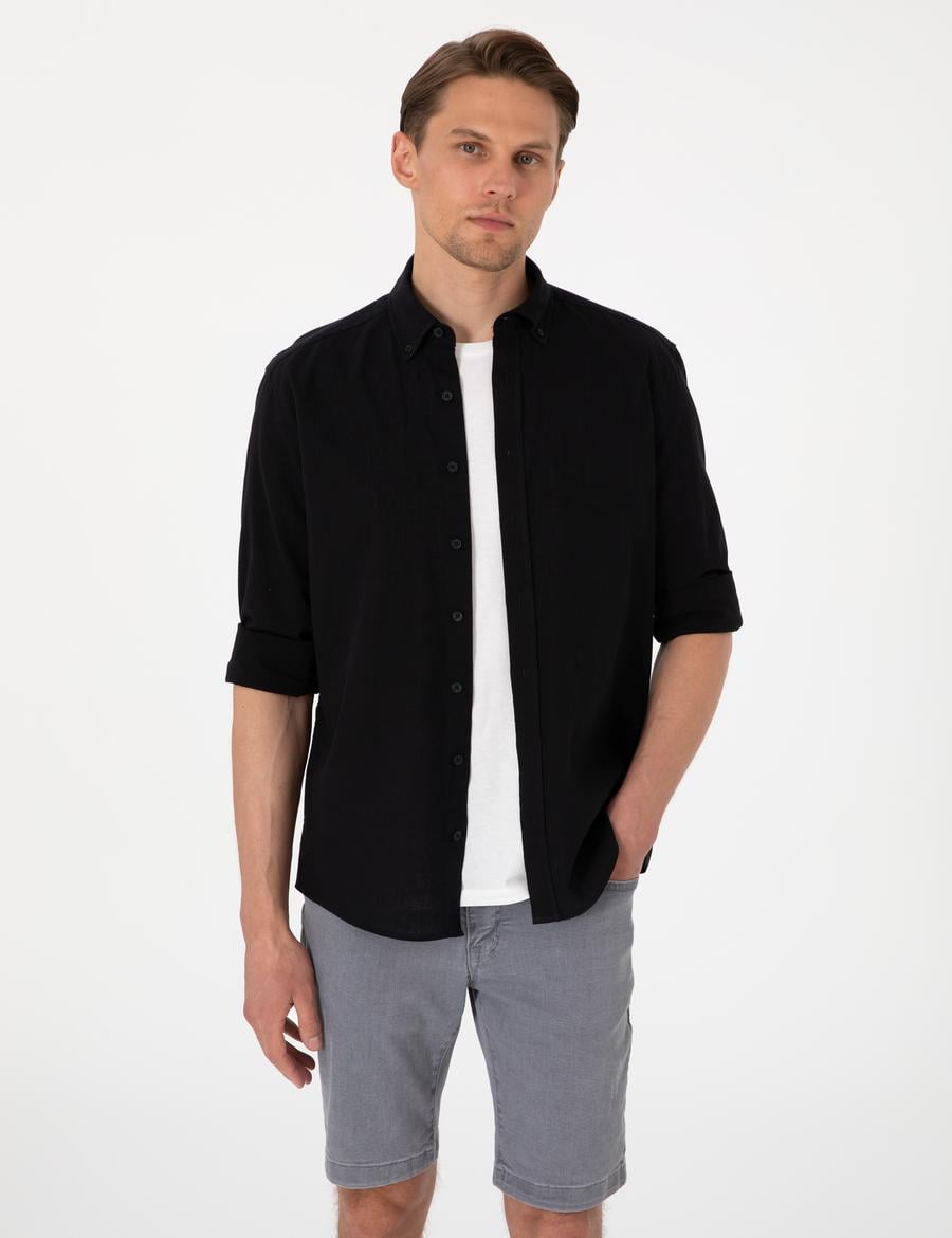 Siyah Keten Karışımlı Regular Fit Uzun Kollu Gömlek