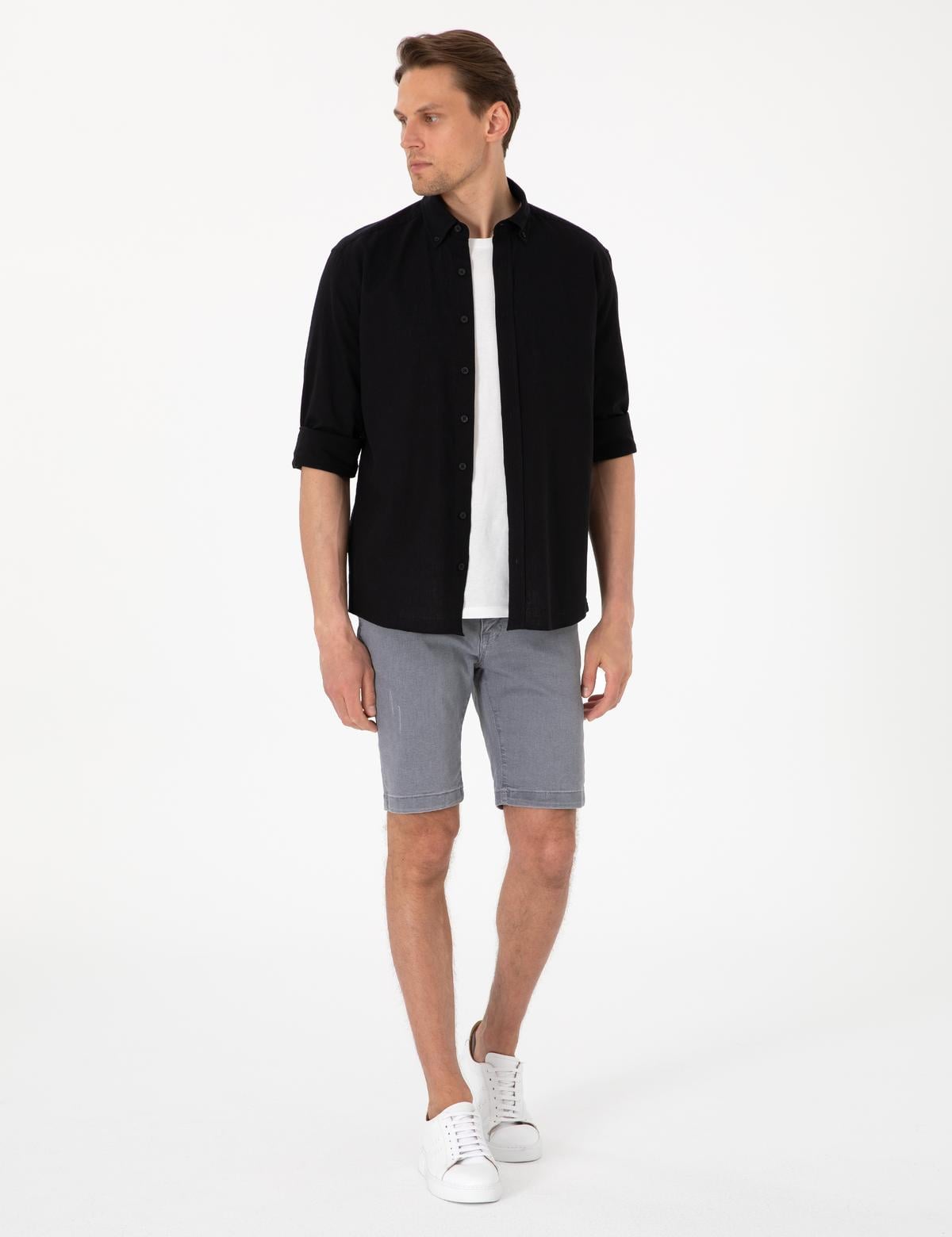 Siyah Keten Karışımlı Regular Fit Uzun Kollu Gömlek - 50303388023