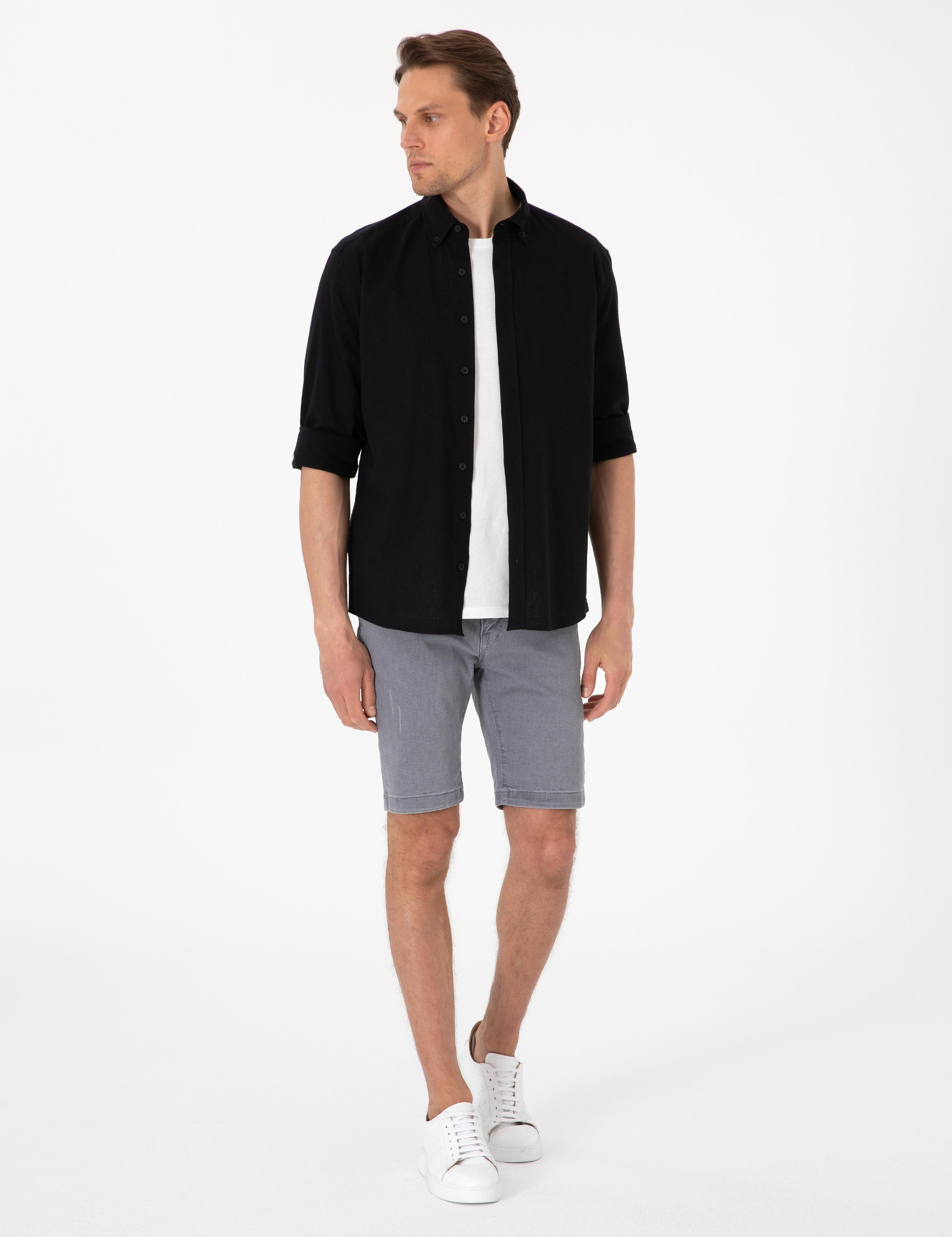 Siyah Keten Karışımlı Regular Fit Uzun Kollu Gömlek