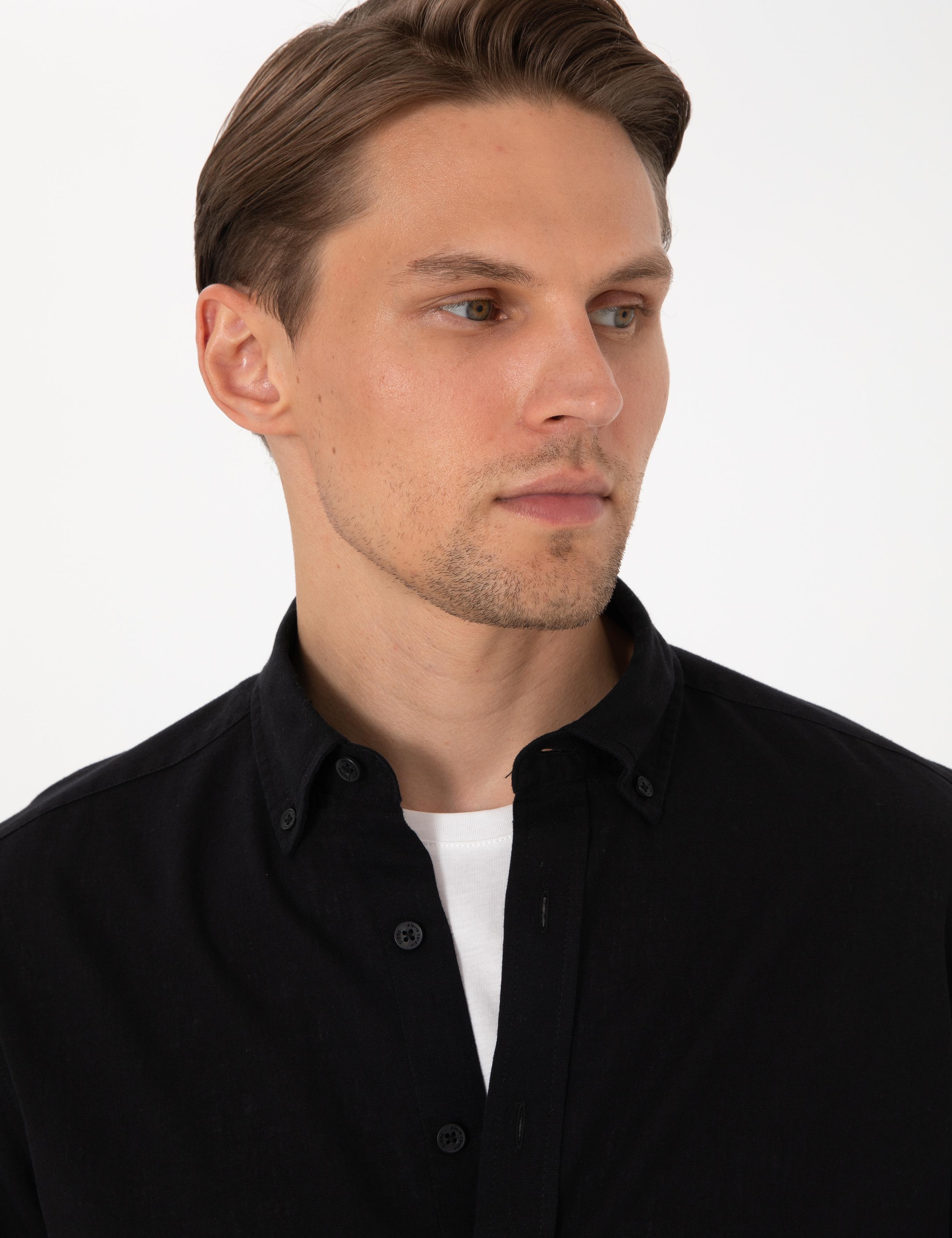 Siyah Keten Karışımlı Regular Fit Uzun Kollu Gömlek