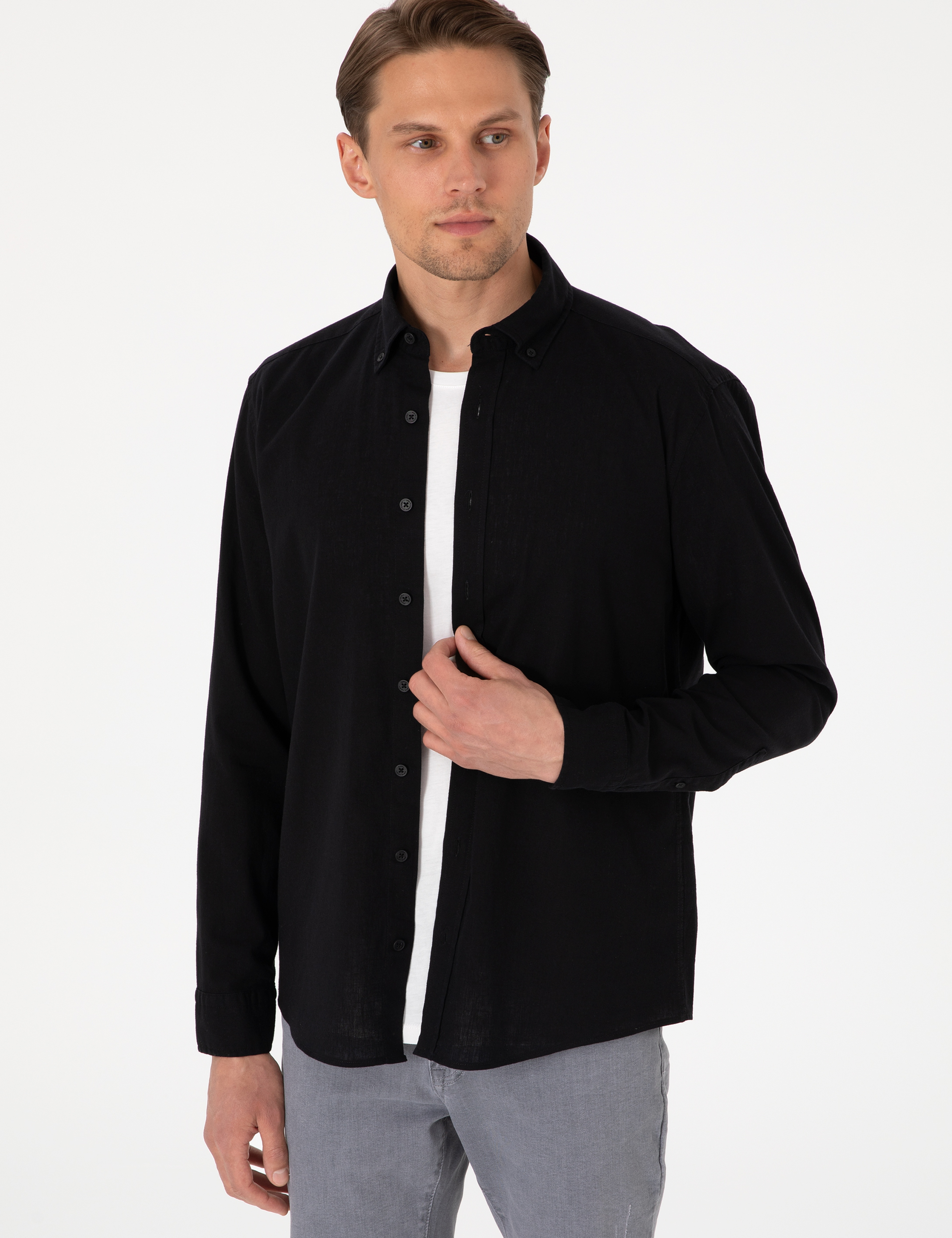 Siyah Keten Karışımlı Regular Fit Uzun Kollu Gömlek - Image 3