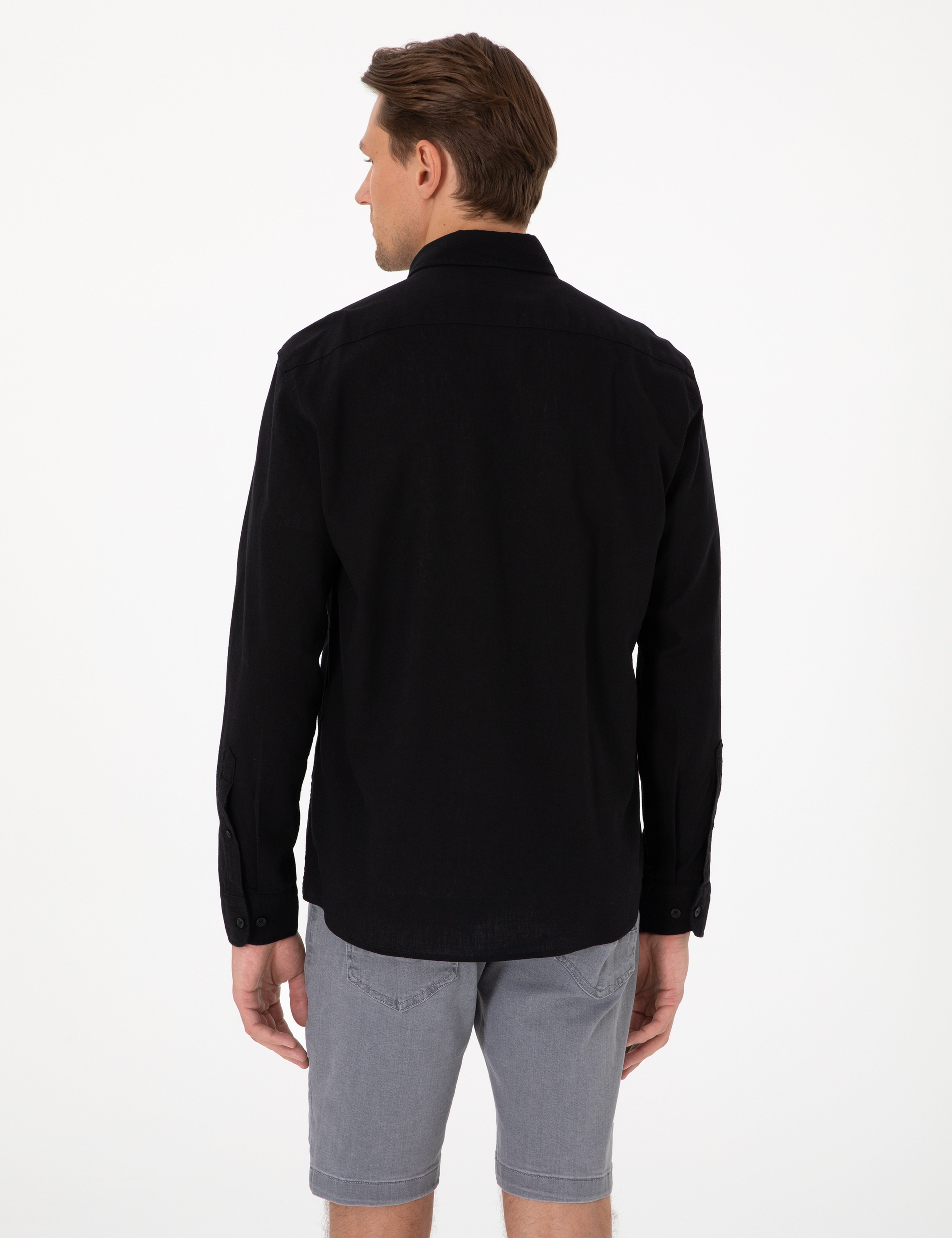 Siyah Keten Karışımlı Regular Fit Uzun Kollu Gömlek - Image 5