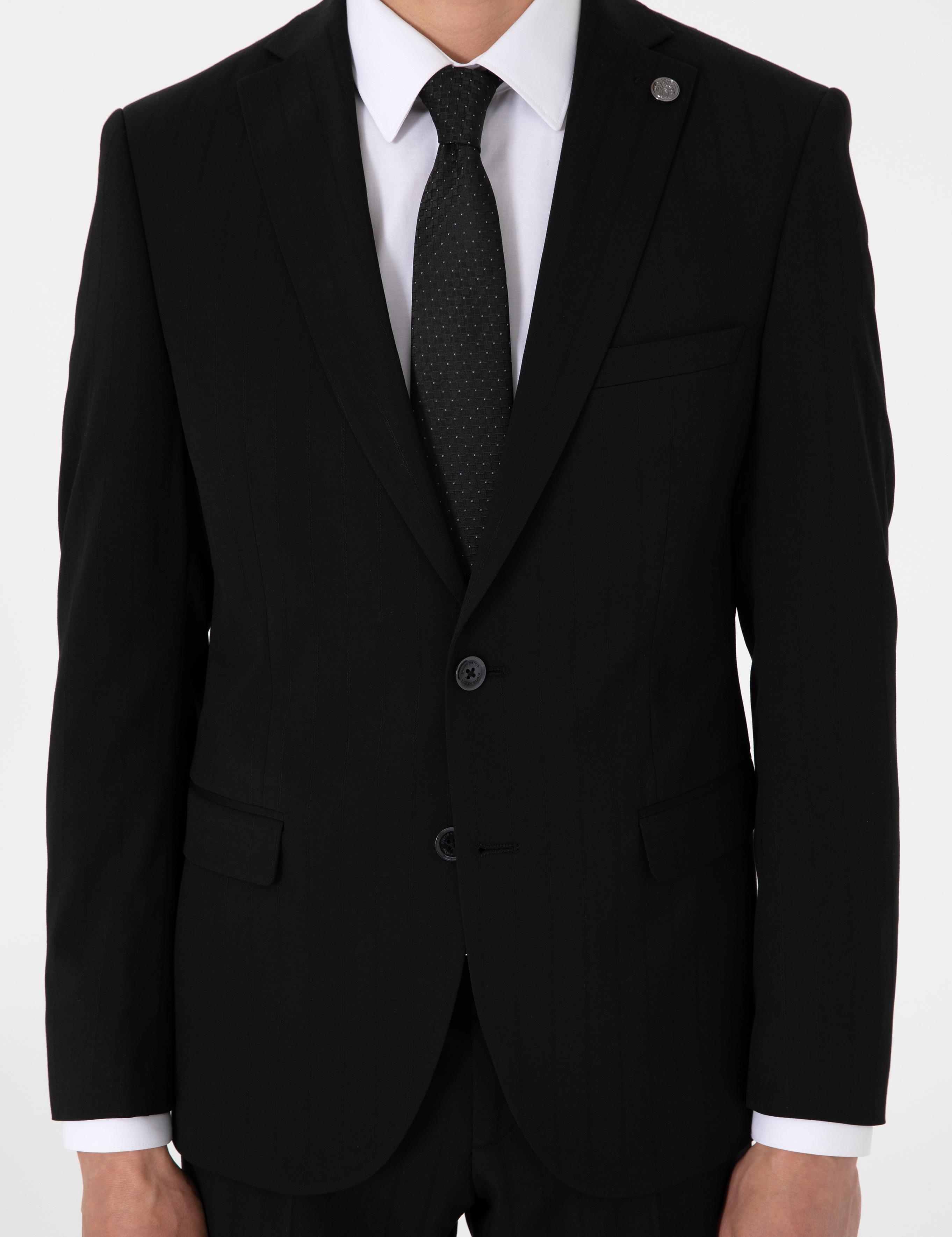 Siyah Slim Fit Çizgili Takım Elbise