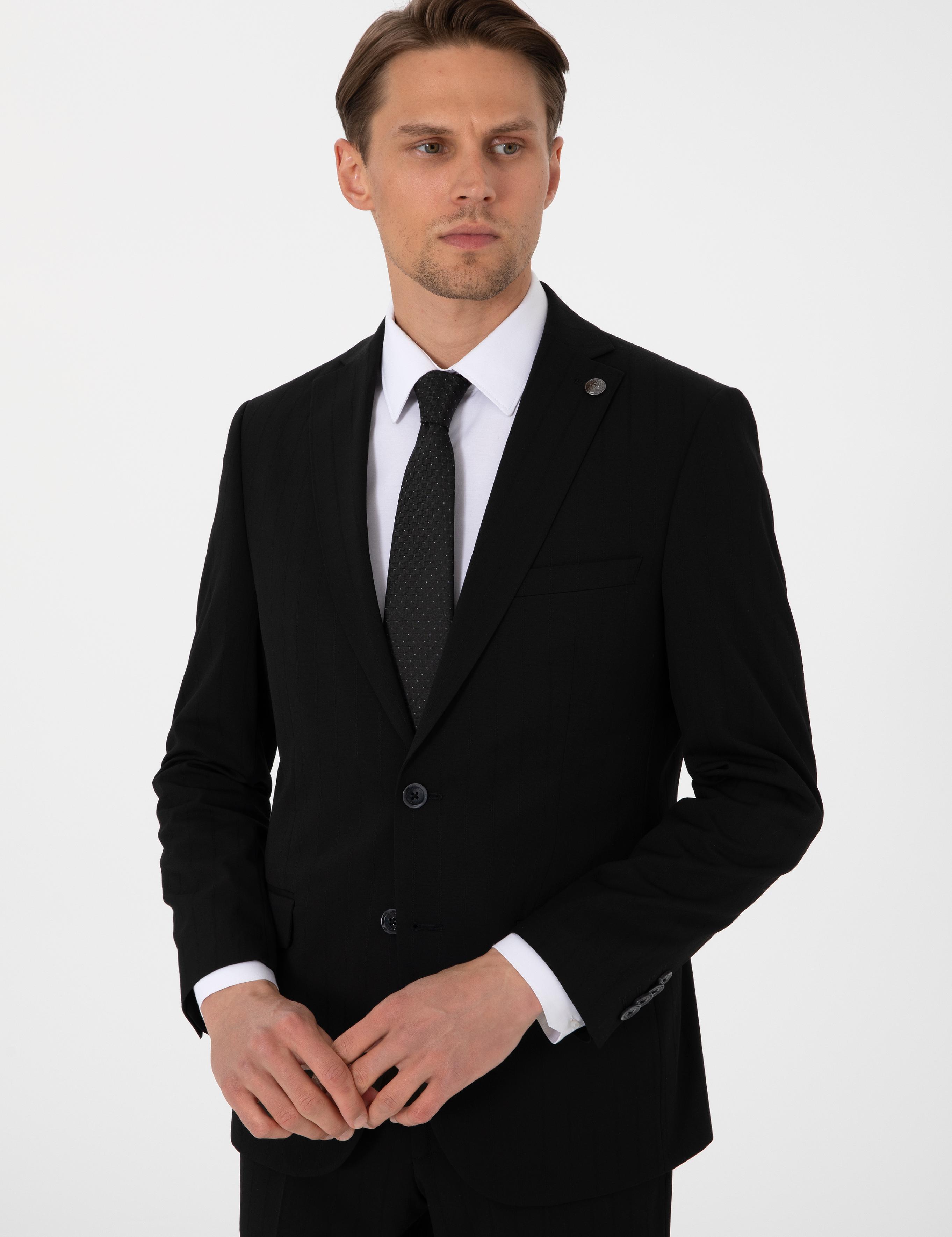 Siyah Slim Fit Çizgili Takım Elbise