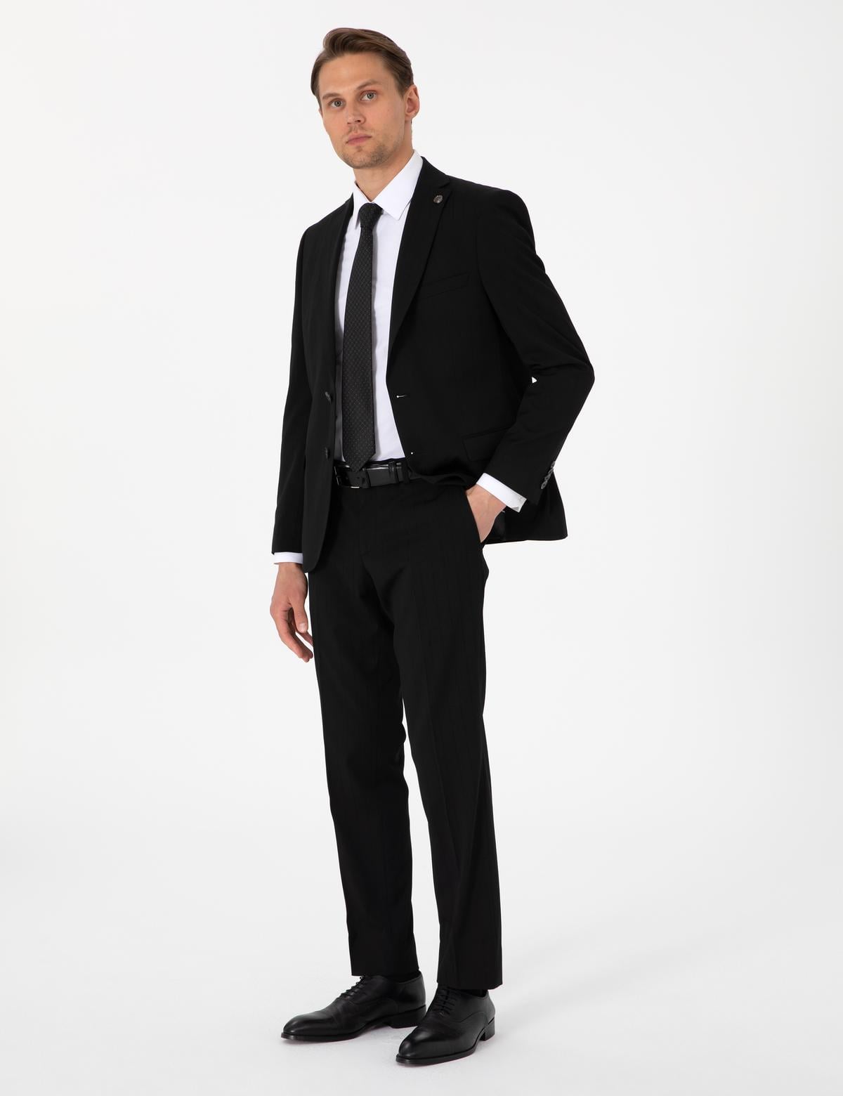 Siyah Slim Fit Çizgili Takım Elbise - 50305101026