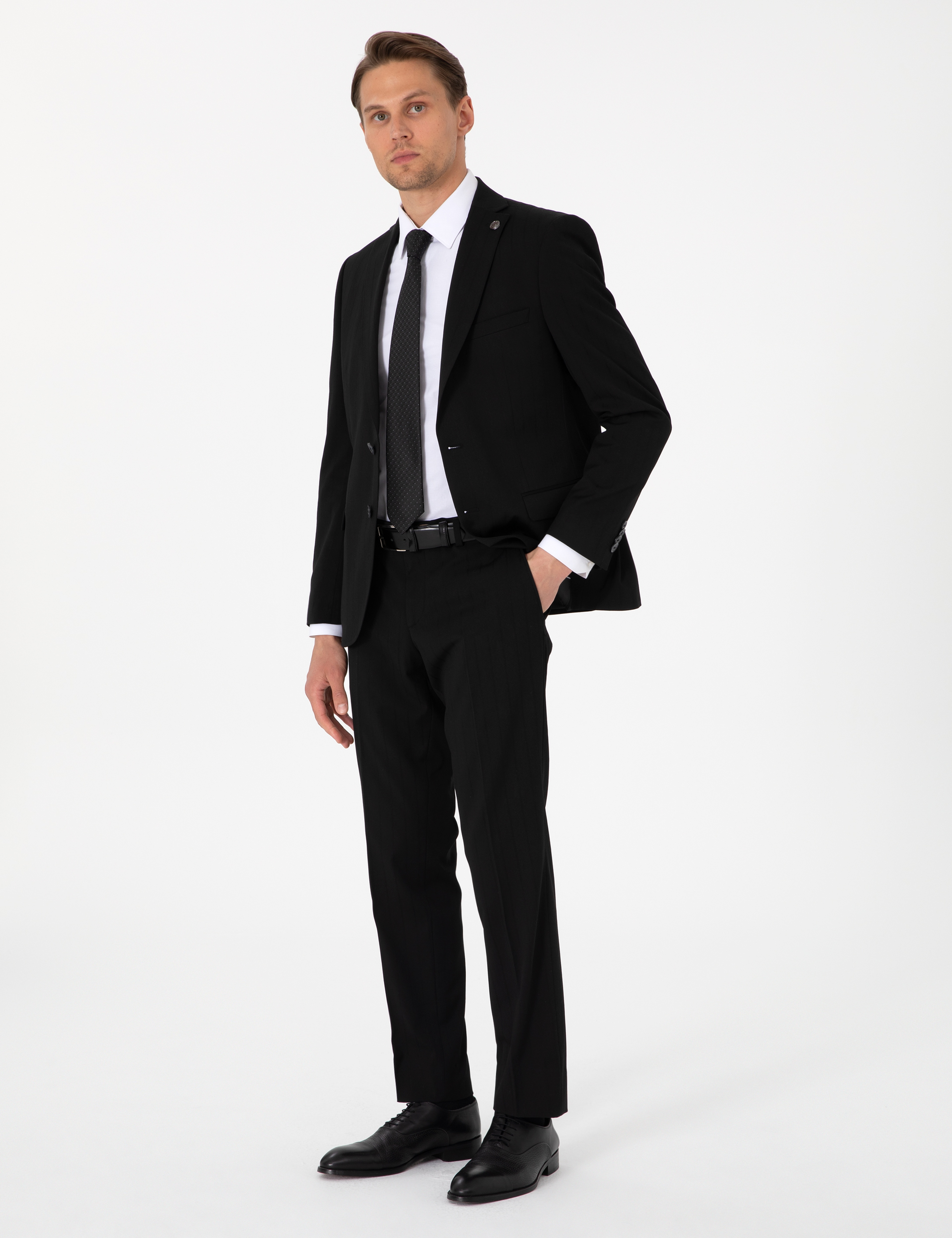 Siyah Slim Fit Çizgili Takım Elbise