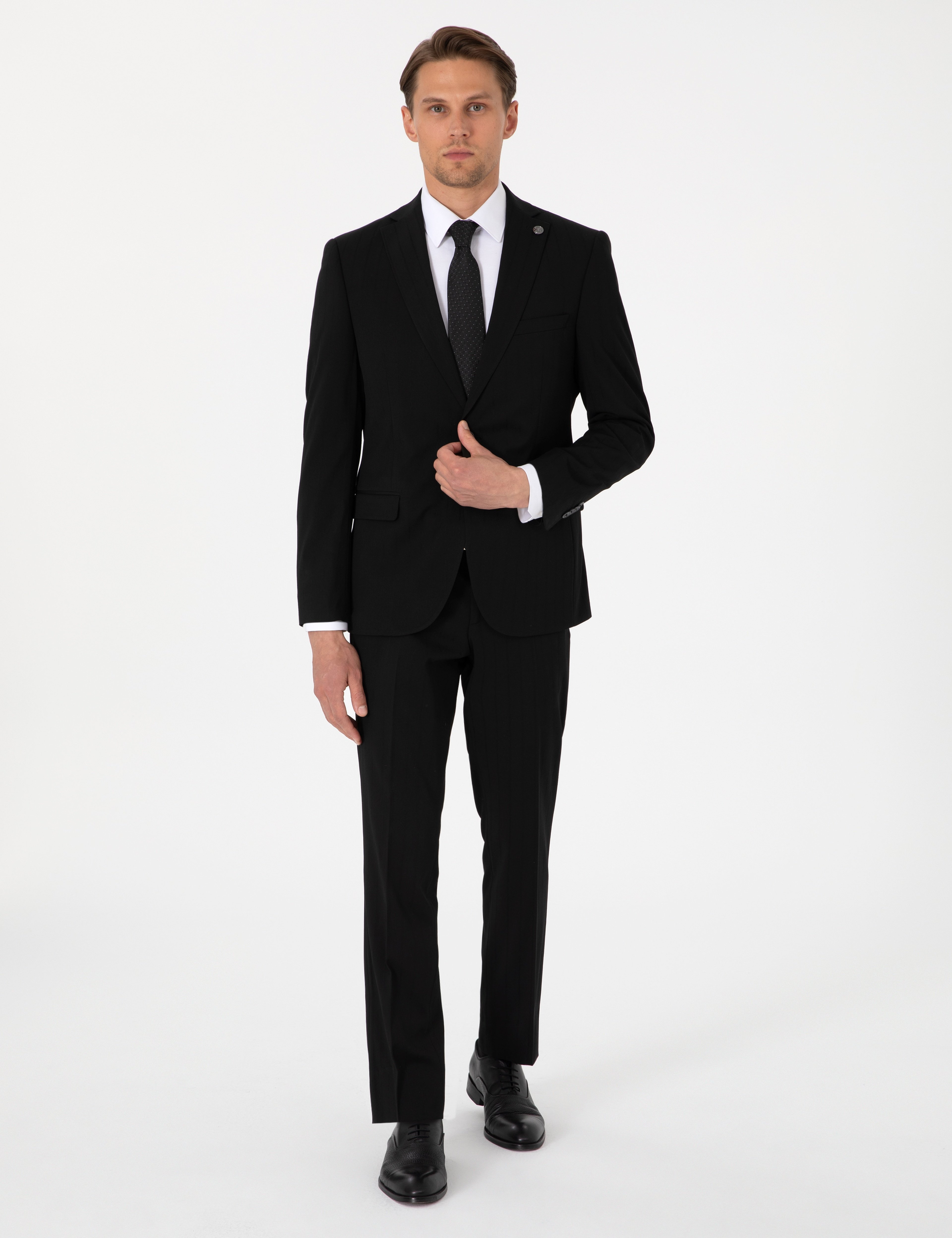 Siyah Slim Fit Çizgili Takım Elbise - Image 1