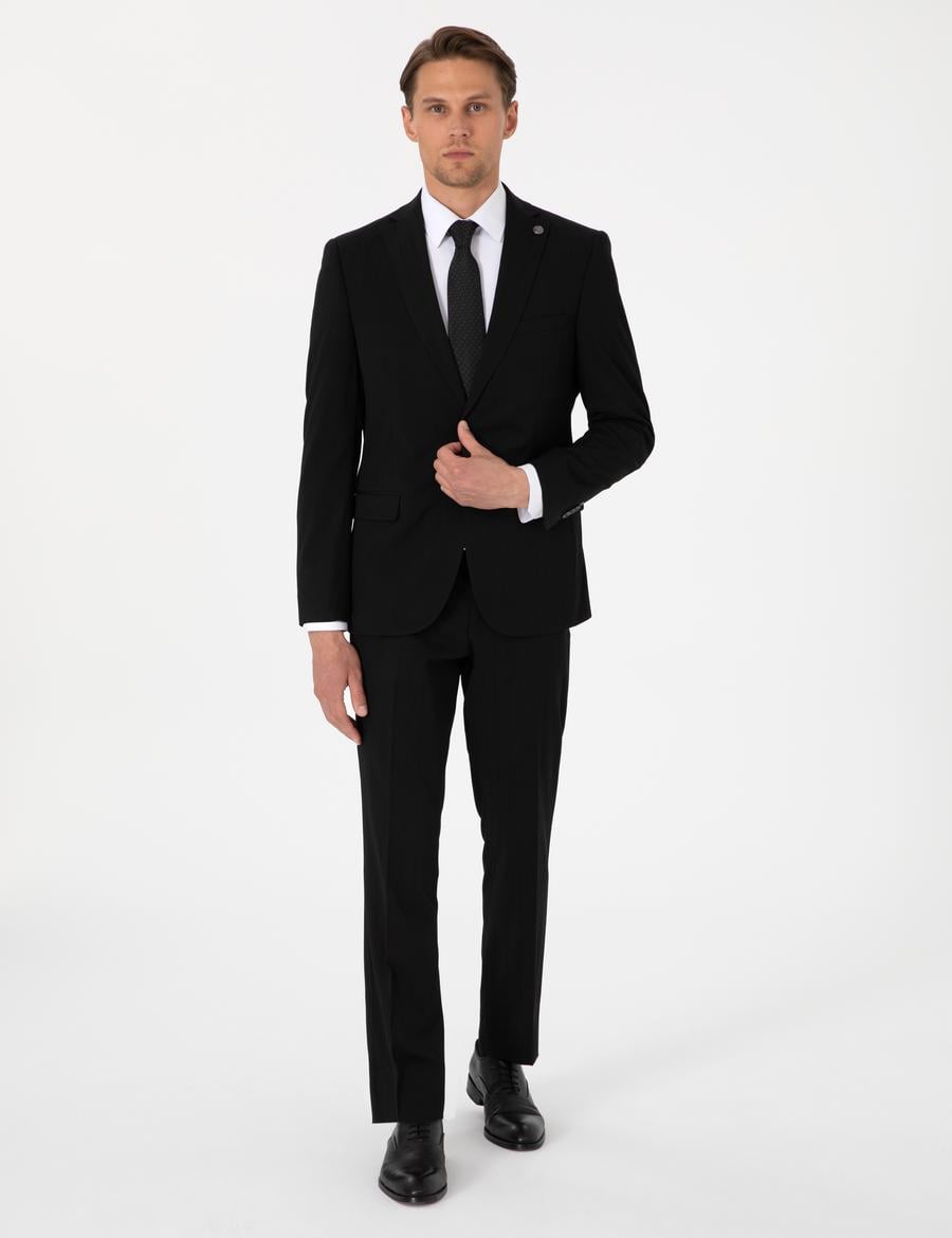 Siyah Slim Fit Çizgili Takım Elbise