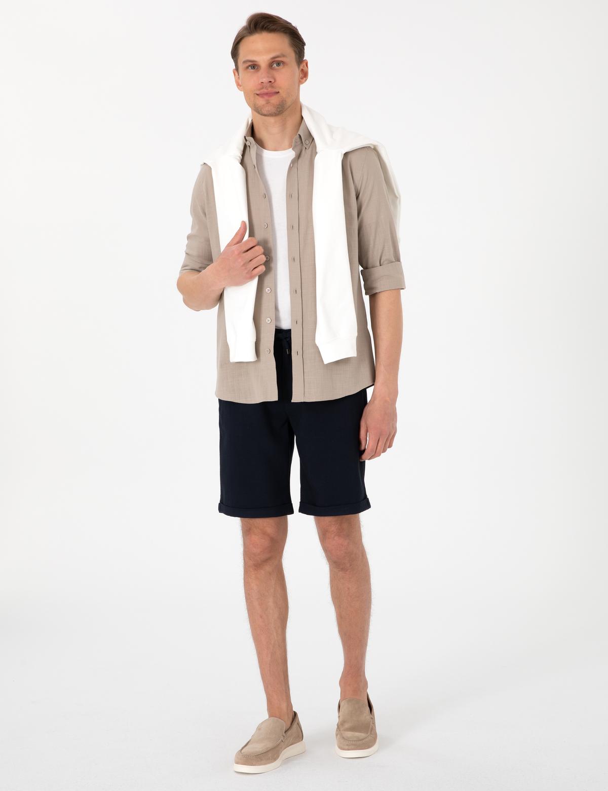 Vizon Keten Görünümlü Slim Fit Uzun Kollu Gömlek - 50307025091