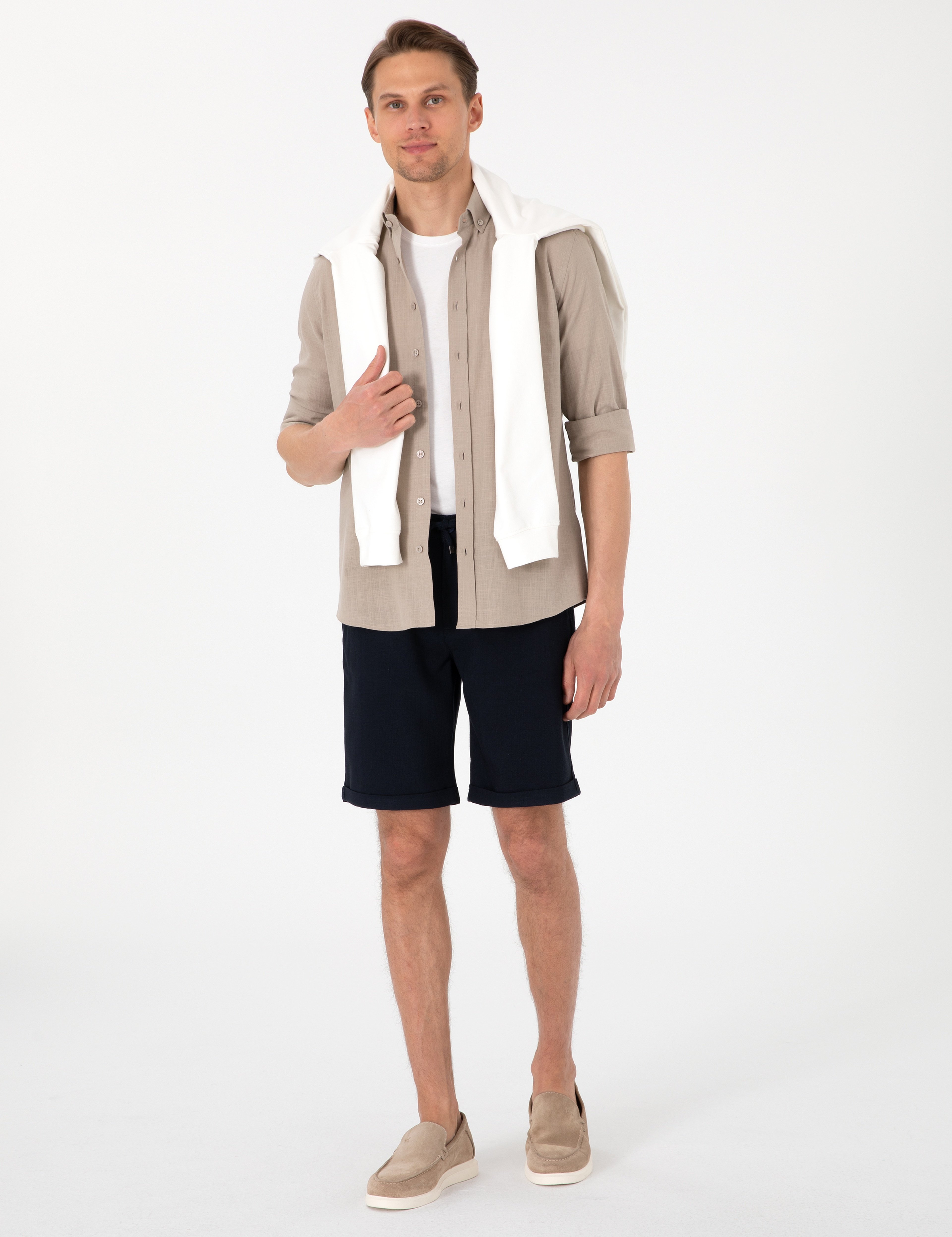 Vizon Keten Görünümlü Slim Fit Uzun Kollu Gömlek - Image 5