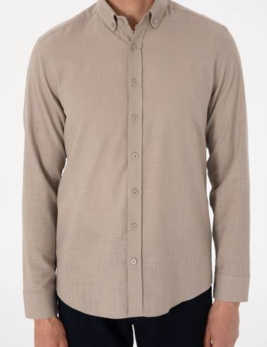 Vizon Keten Görünümlü Slim Fit Uzun Kollu Gömlek